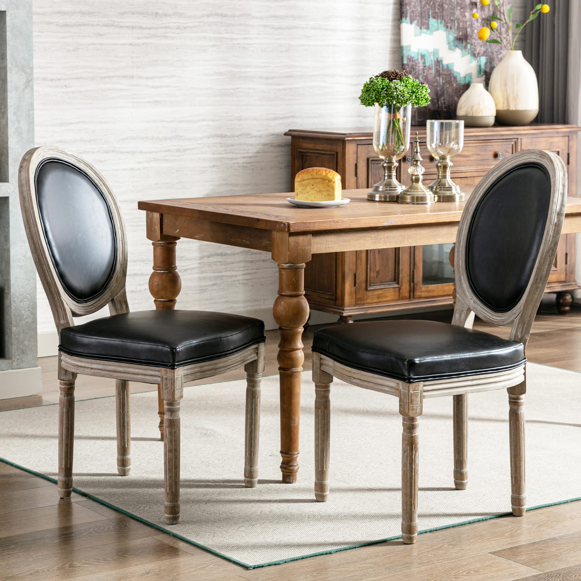 Farmhouse Leather Dining Chairs Set of 2 - French Country Style Round Back Oval Side Chairs for Kitchen, Restaurant, Dining Room & Living Room - Black (2 PCS) - Perfect for Rustic Home Decor & Entertaining Guests