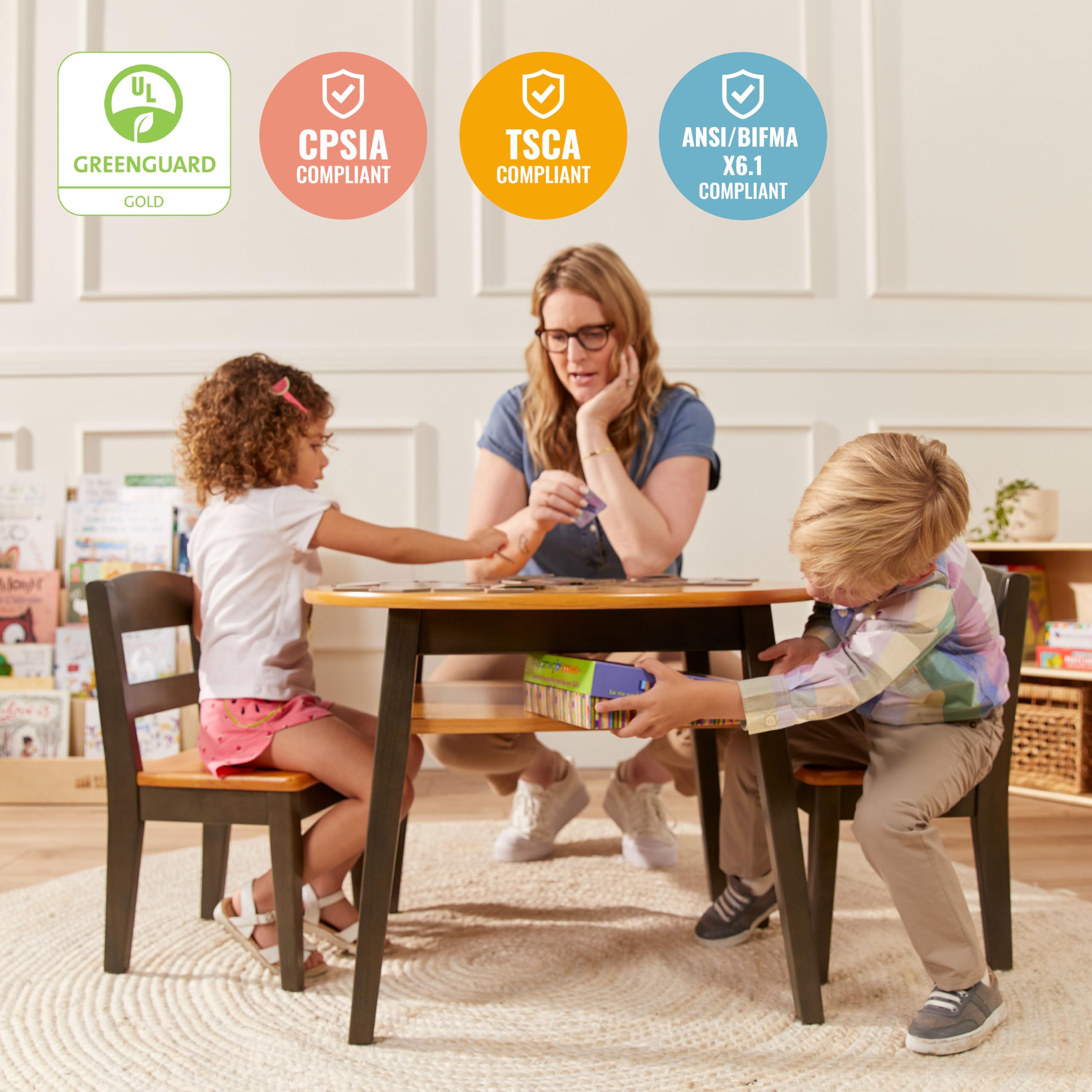 ECR4Kids Hideaway Table and Chair Set - 3-Piece Kids Furniture in Honey/Grey Wash - Perfect for Playrooms, Classrooms & Homeschooling