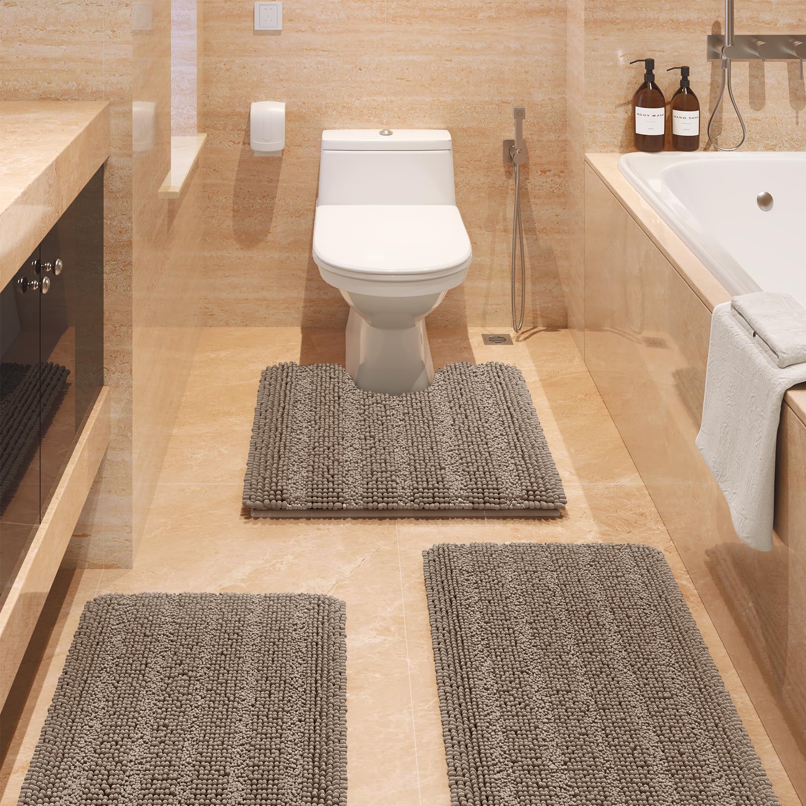 ACCUMTEK Striped Ultra Soft Thick Chenille Bath Rugs and Mats - Dark Beige Non-Slip Bathroom Mat for Bathroom, Toilet, Bedroom & Kitchen - Plush Absorbent Floor Mat for Shower, Vanity & Sink Areas