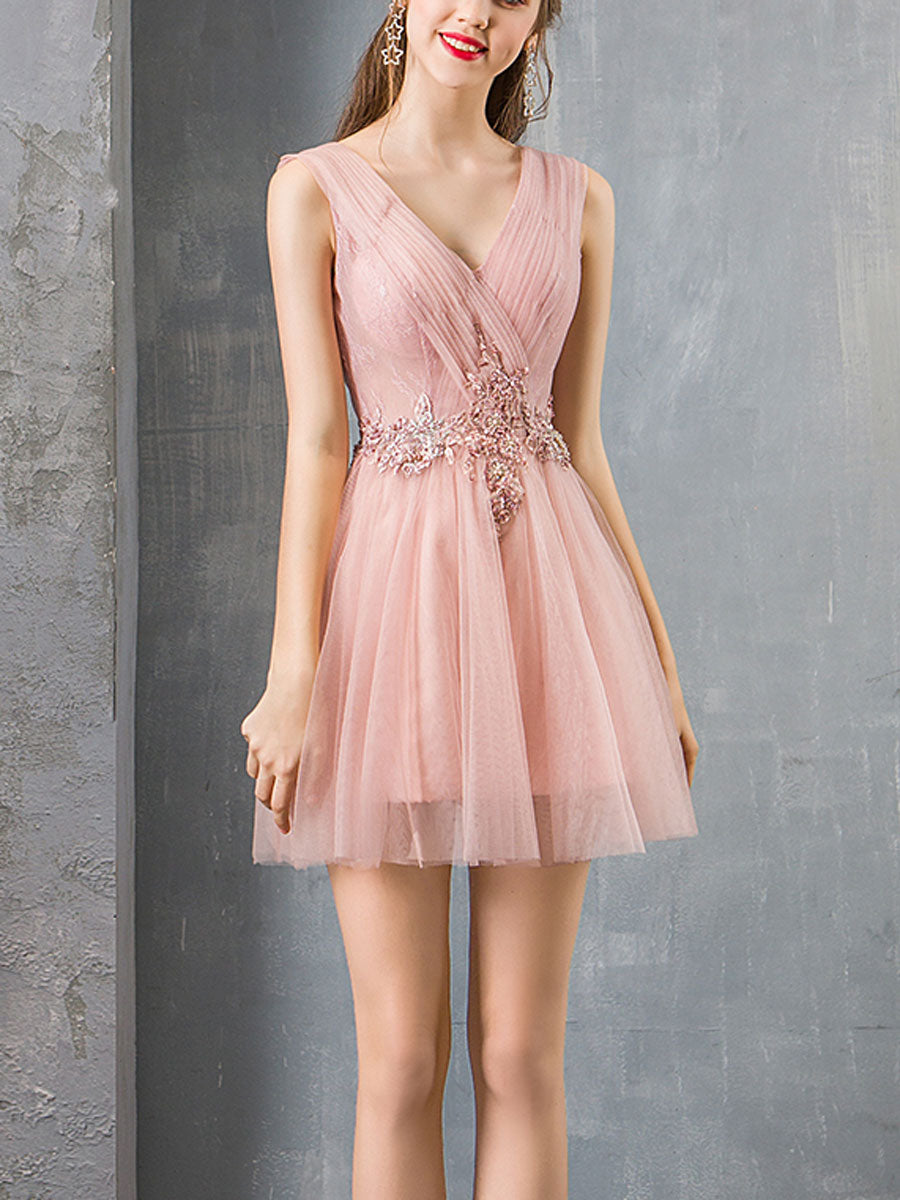 Elegant Pink V-Neck Tulle Lace Short Prom Dress for Homecoming - Perfect for Parties, Dances & Special Occasions