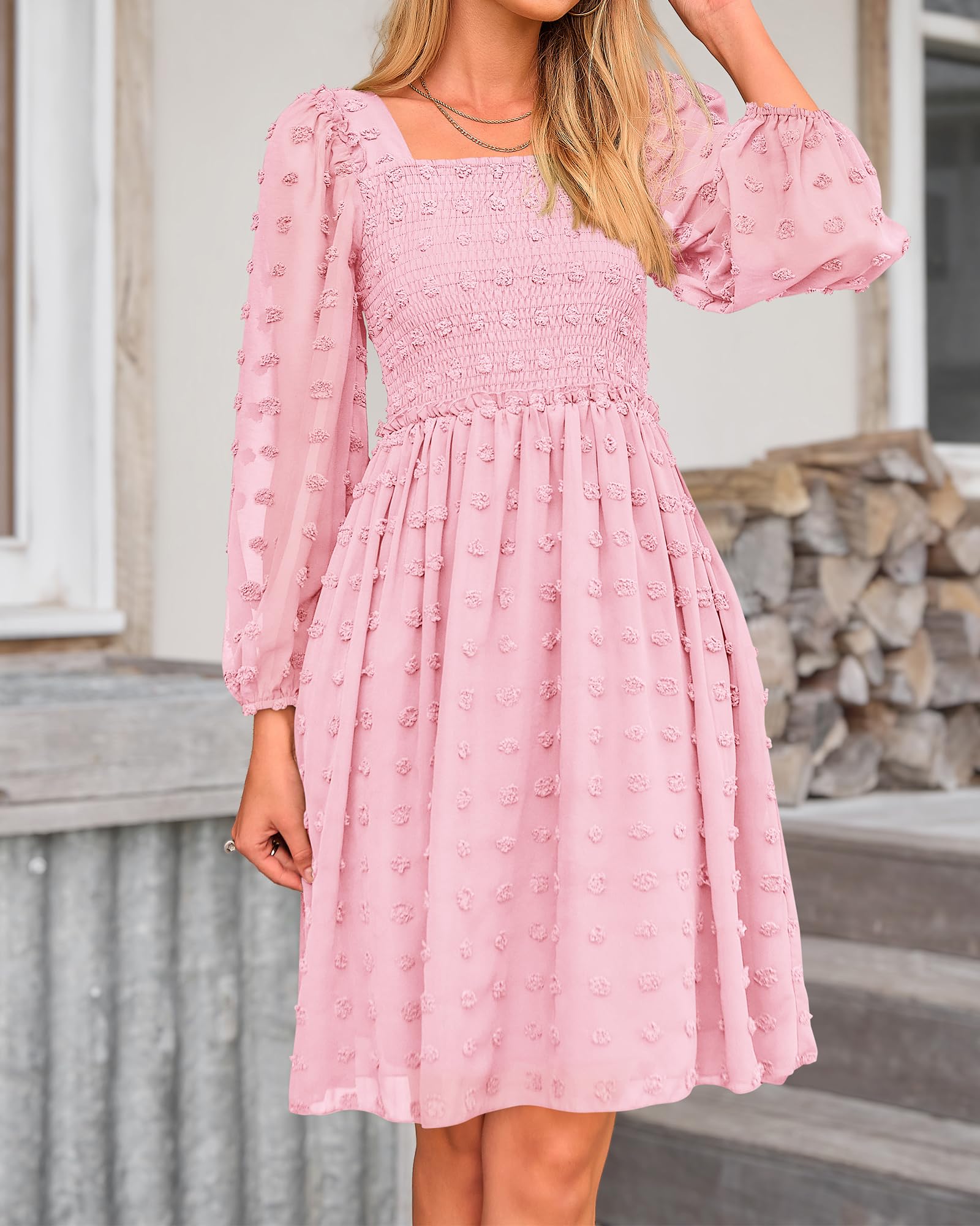 BTFBM Women's Floral Swiss Dot Boho Dress - Square Neck Smocked Mini Dress with Long Sleeves for Spring & Summer 2025 | Perfect for Wedding Guest, Garden Party & Casual Outings
