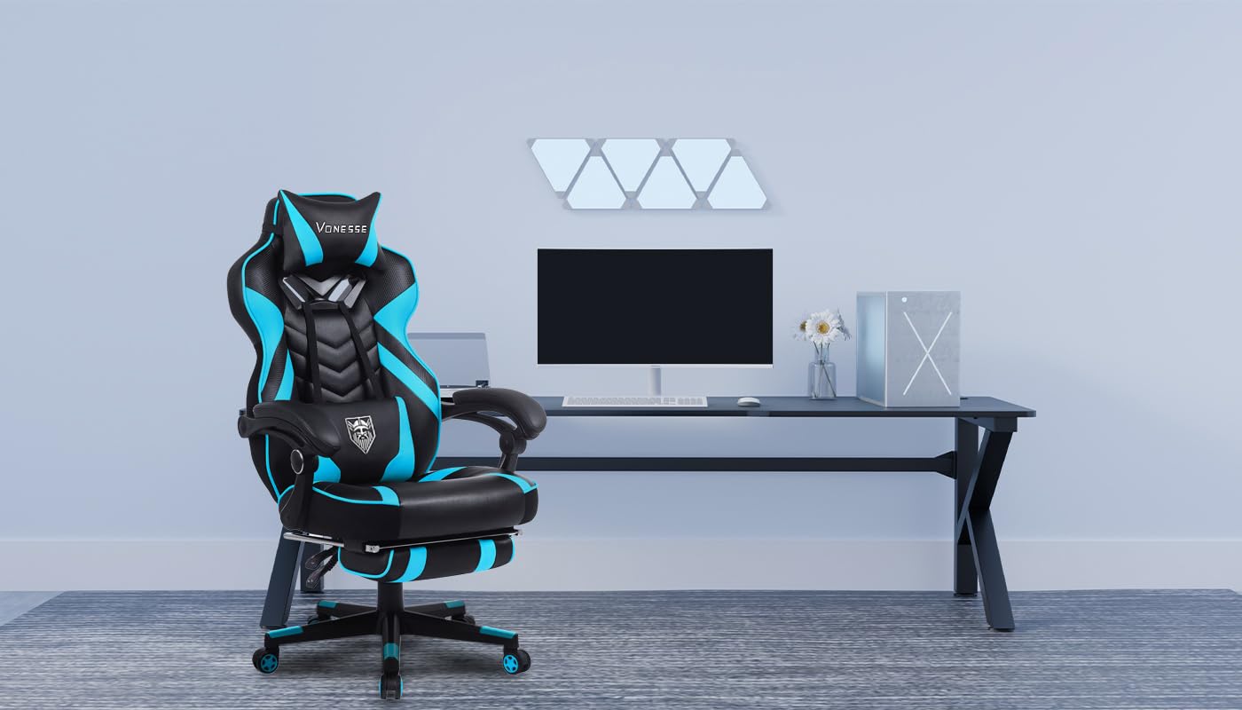 Vonesse Ergonomic Gaming Chair for Adults - High Back Computer Chair with Adjustable Footrest & Lumbar Massage, Reclining Office & Gaming Chair for Big & Tall Users (Cyan/Black) - Perfect for PC Gaming, Home Office & Esports Setup