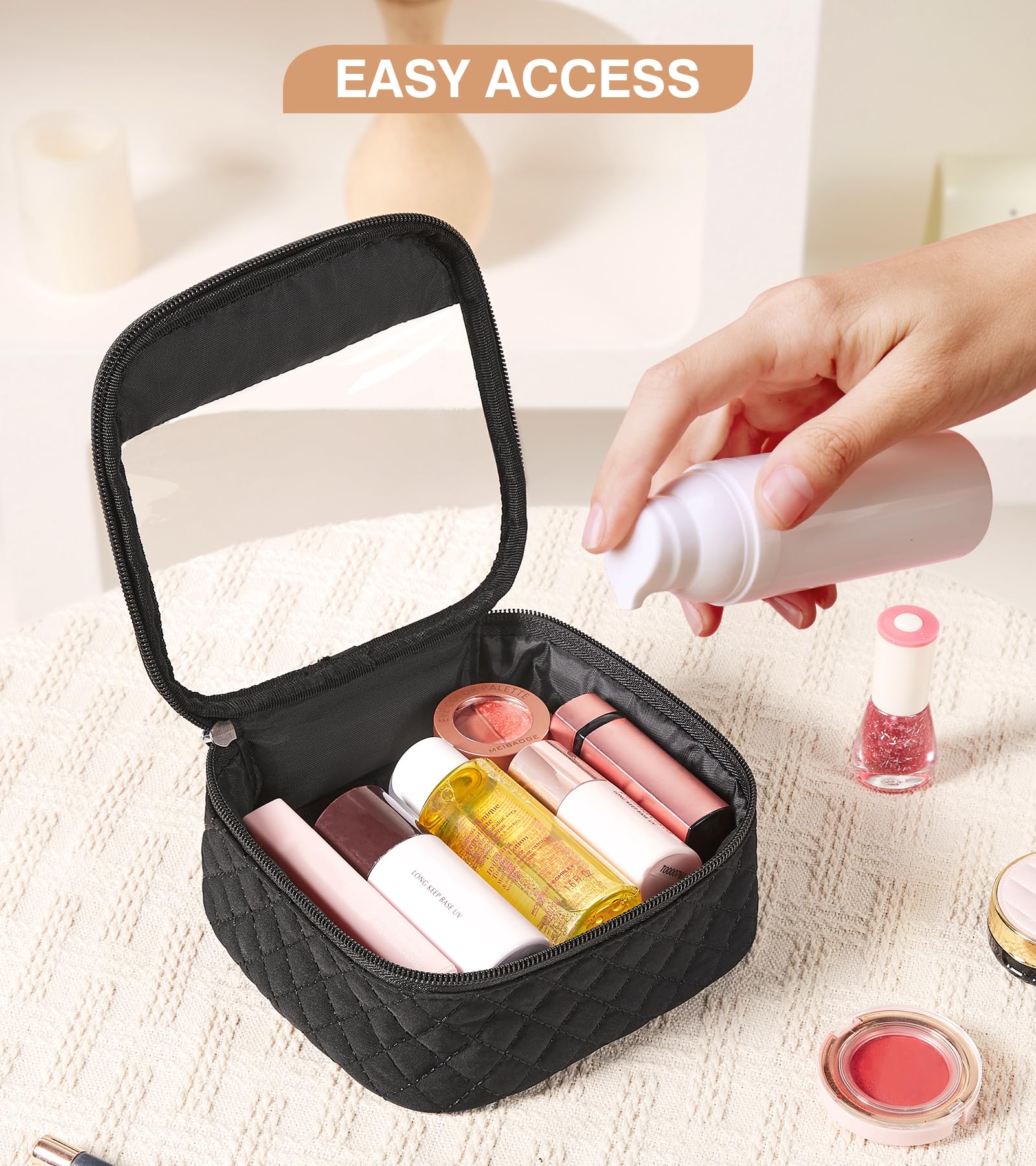 Marvolia Small Clear Makeup Bag for Women - Travel Toiletry Organizer, Mini Cosmetic Case with Zipper for Makeup & Essentials (Small, Black) - Perfect for Travel, Gym, and Daily Use