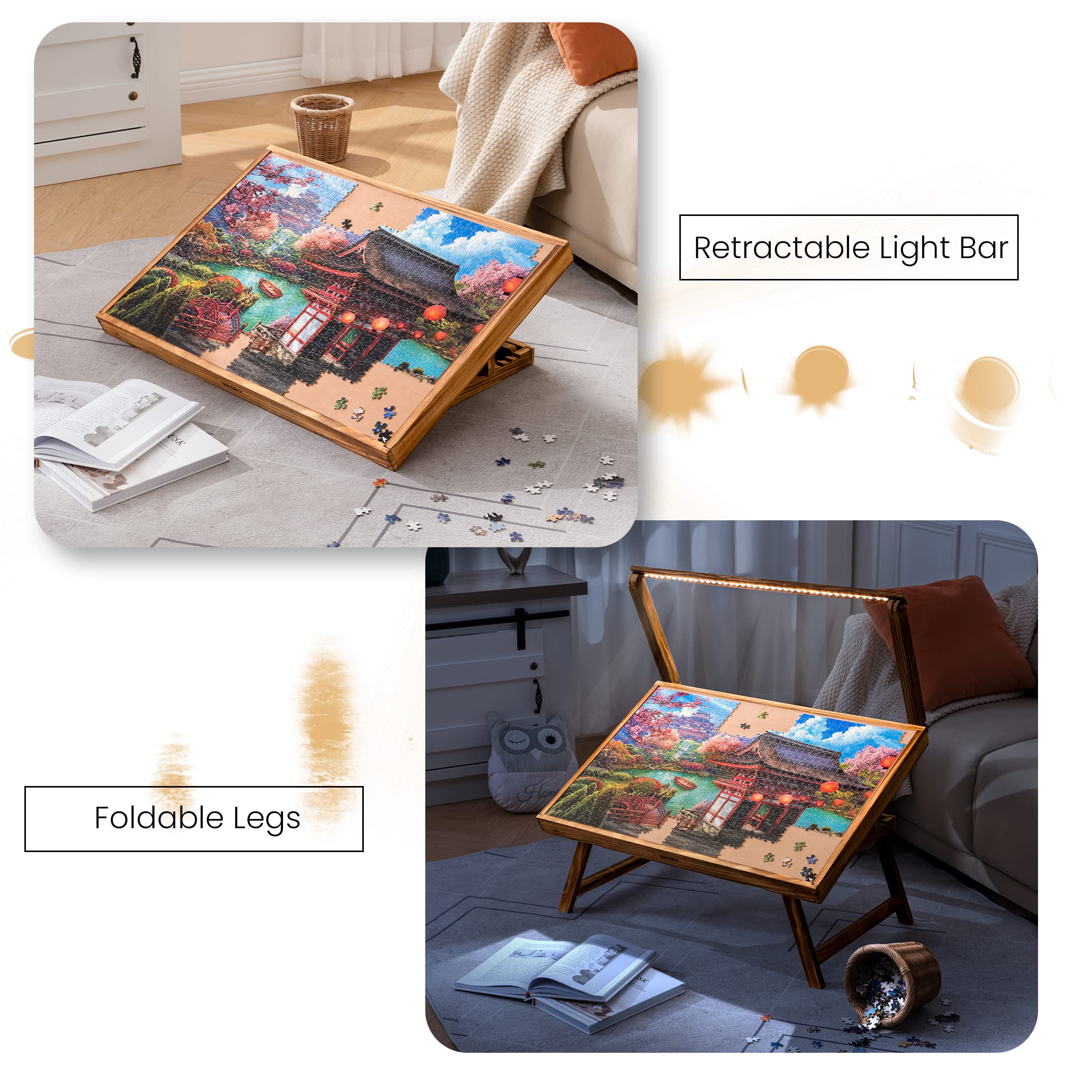 Premium LED Jigsaw Puzzle Table with Folding Legs & Cover - Adjustable Wooden Puzzle Board for Adults & Kids - 5 Angle Positions - Holds Up to 1000 Pieces - Perfect for Family Game Nights, Relaxation & Puzzle Storage