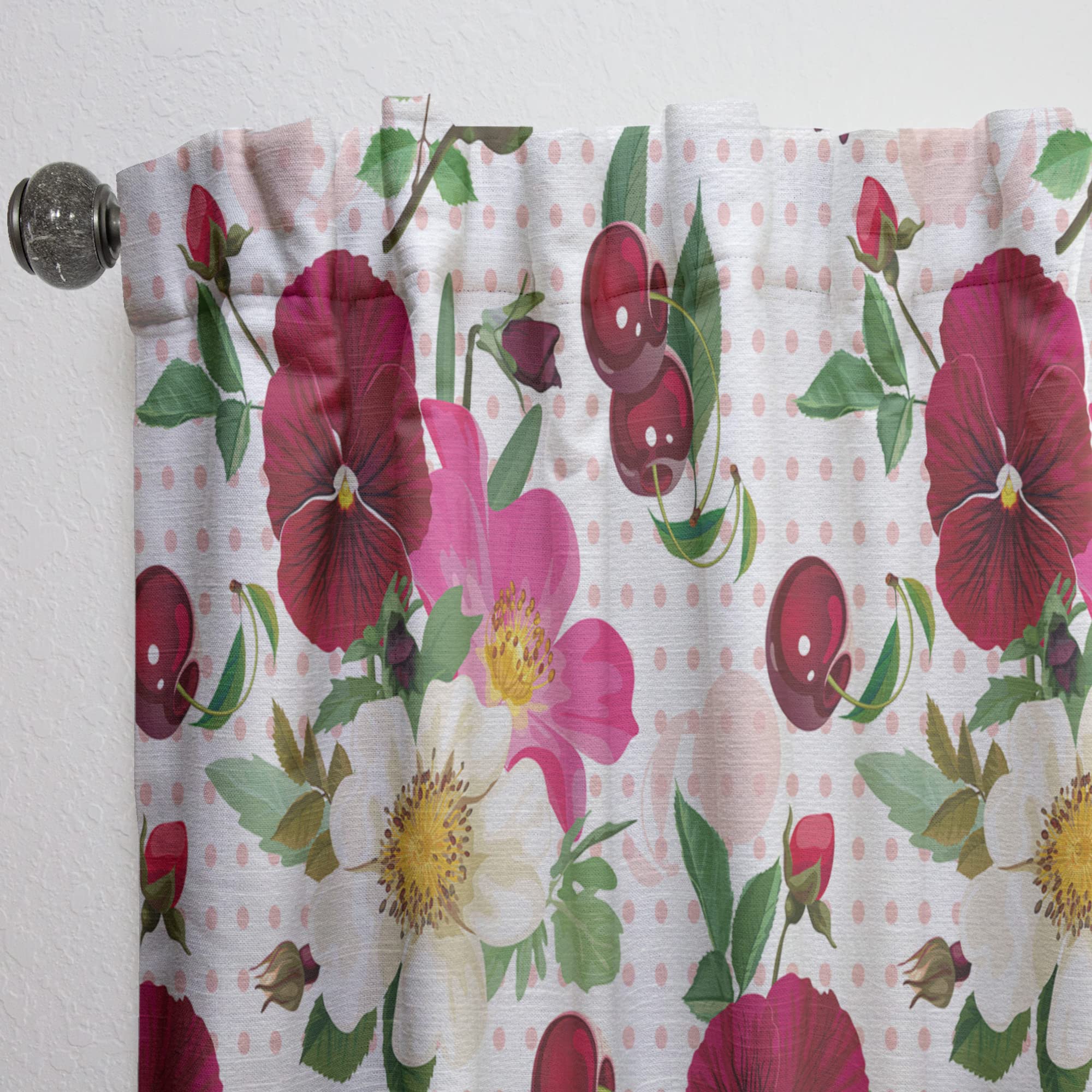 DesignQ Thermal Insulated Curtains - Pink Dotted Floral Pattern with Pansies, Cherries & Roses - 52x120 Inch Single Panel for Bedroom & Living Room - Energy Saving Blackout Drapes for Home Decor