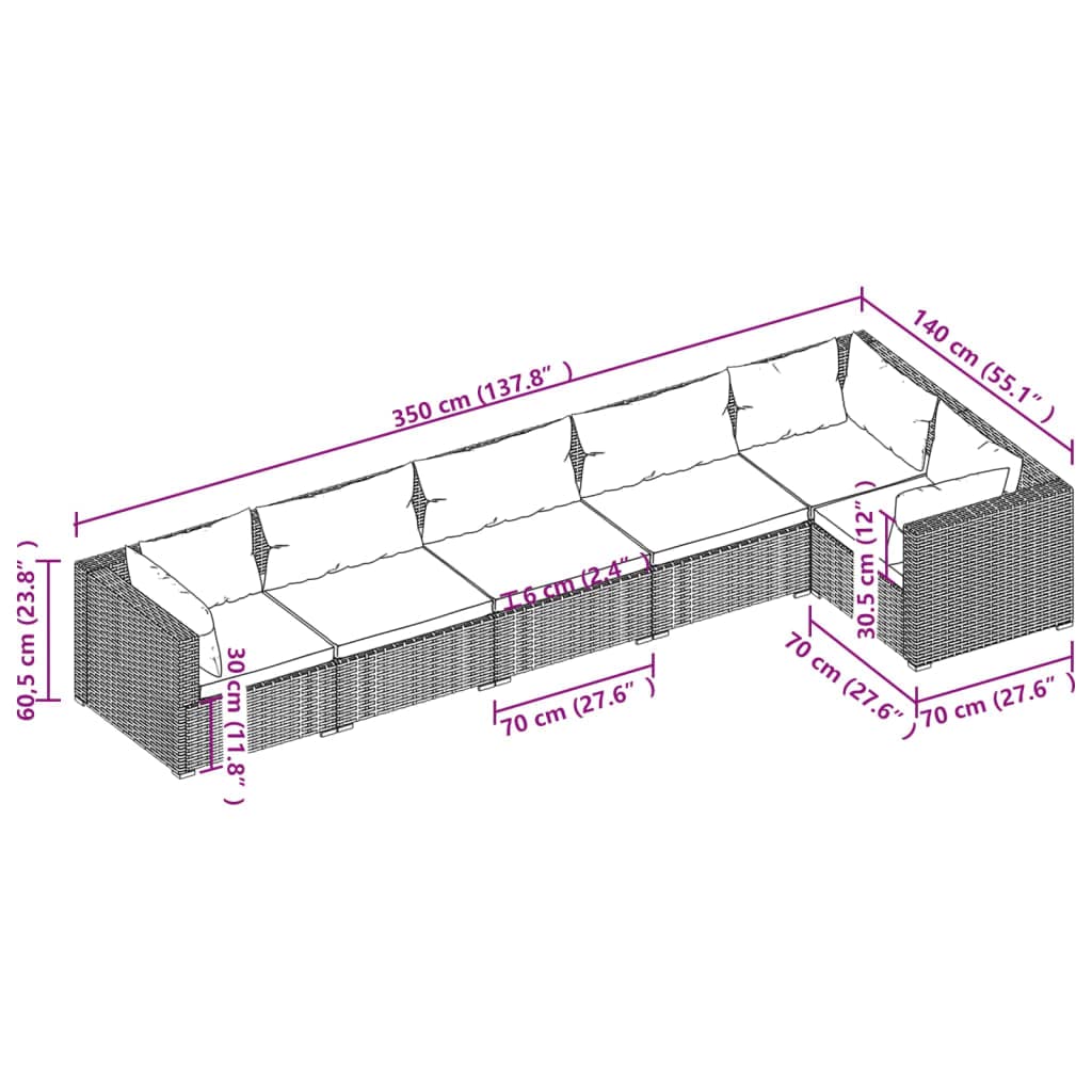 vidaXL 6-Piece Patio Lounge Set - Outdoor Garden Furniture with Cushions, Gray Poly Rattan Sectional Sofa for Backyard, Poolside & Terrace Relaxation