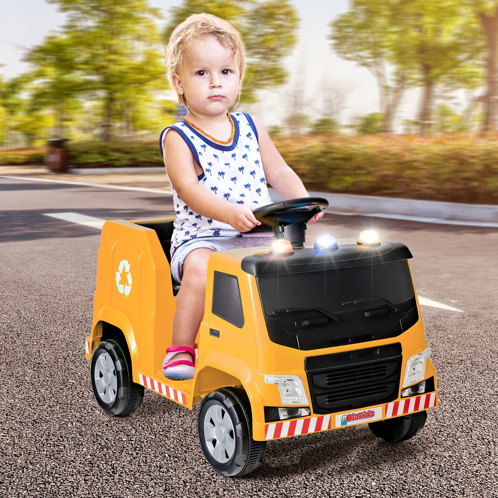 OLAKIDS 6V Electric Ride-On Garbage Truck Toy for Kids - Battery Powered Recycling Truck with Music, Horn & Warning Lights - Includes Recycling Accessories - Yellow Toddler Toy for Boys & Girls - Perfect for Pretend Play, Outdoor Fun & Learning About Recycling