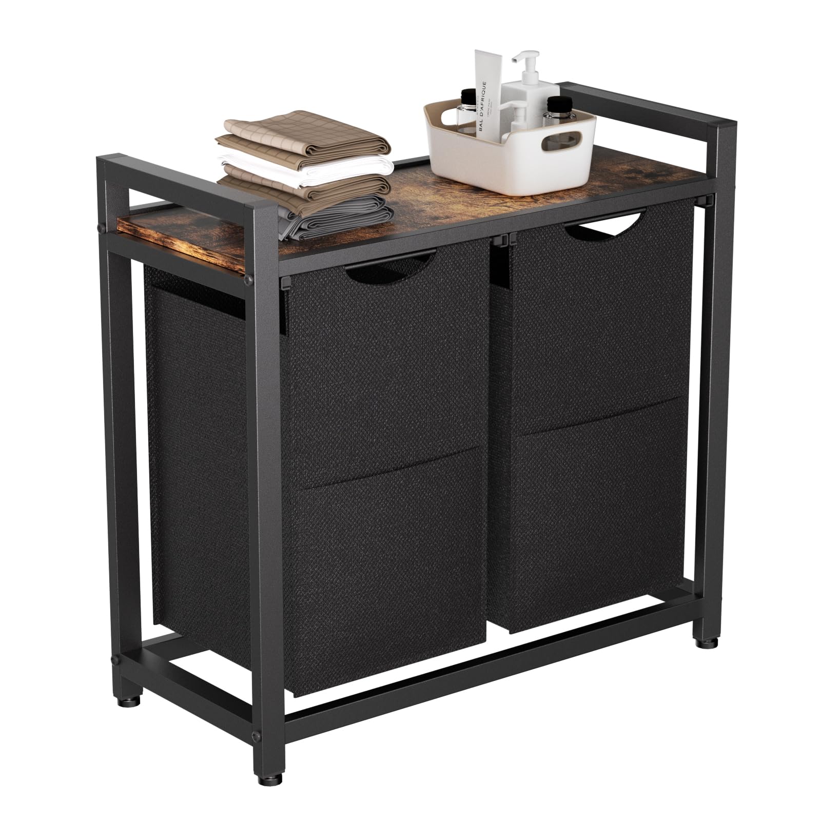 2-Section Laundry Sorter with Shelf & Removable Bags - Brown & Black Clothes Hamper Organizer for Bedroom, Bathroom, or Laundry Room Storage