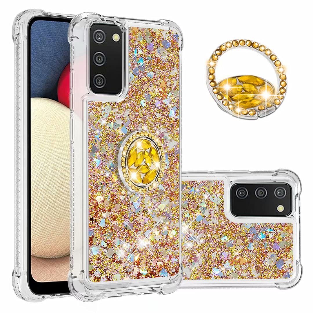 FlipBird Liquid Holographic Glitter Phone Case for Samsung Galaxy A02S - Sparkle Protective Cover with Ring Holder for Women (Gold) | Perfect for Daily Use, Parties & Gift Giving