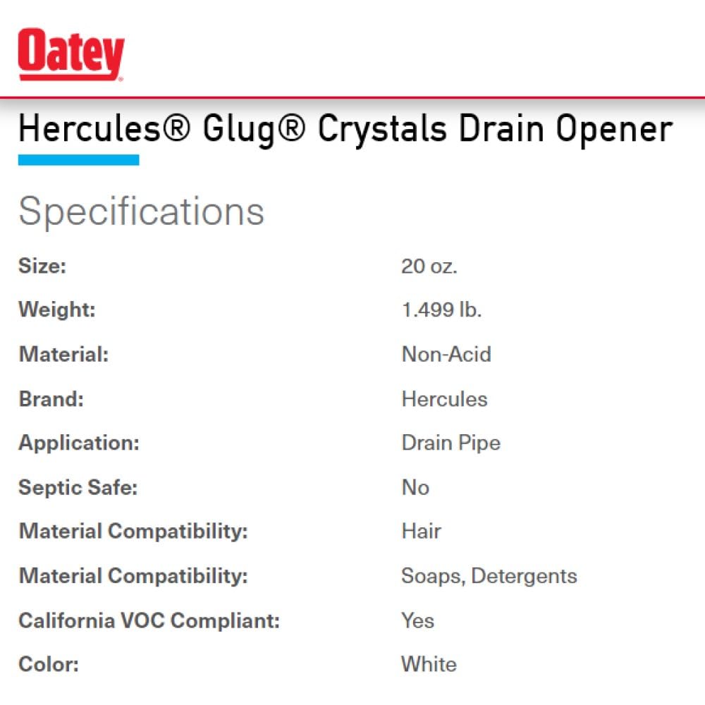 Oatey 20410 Hercules Glug Crystals Drain Opener - 20 oz (3-Pack) for Kitchen, Bathroom & Shower Drain Clogs - Fast-Acting Pipe Cleaner for Hair, Grease & Soap Scum Removal