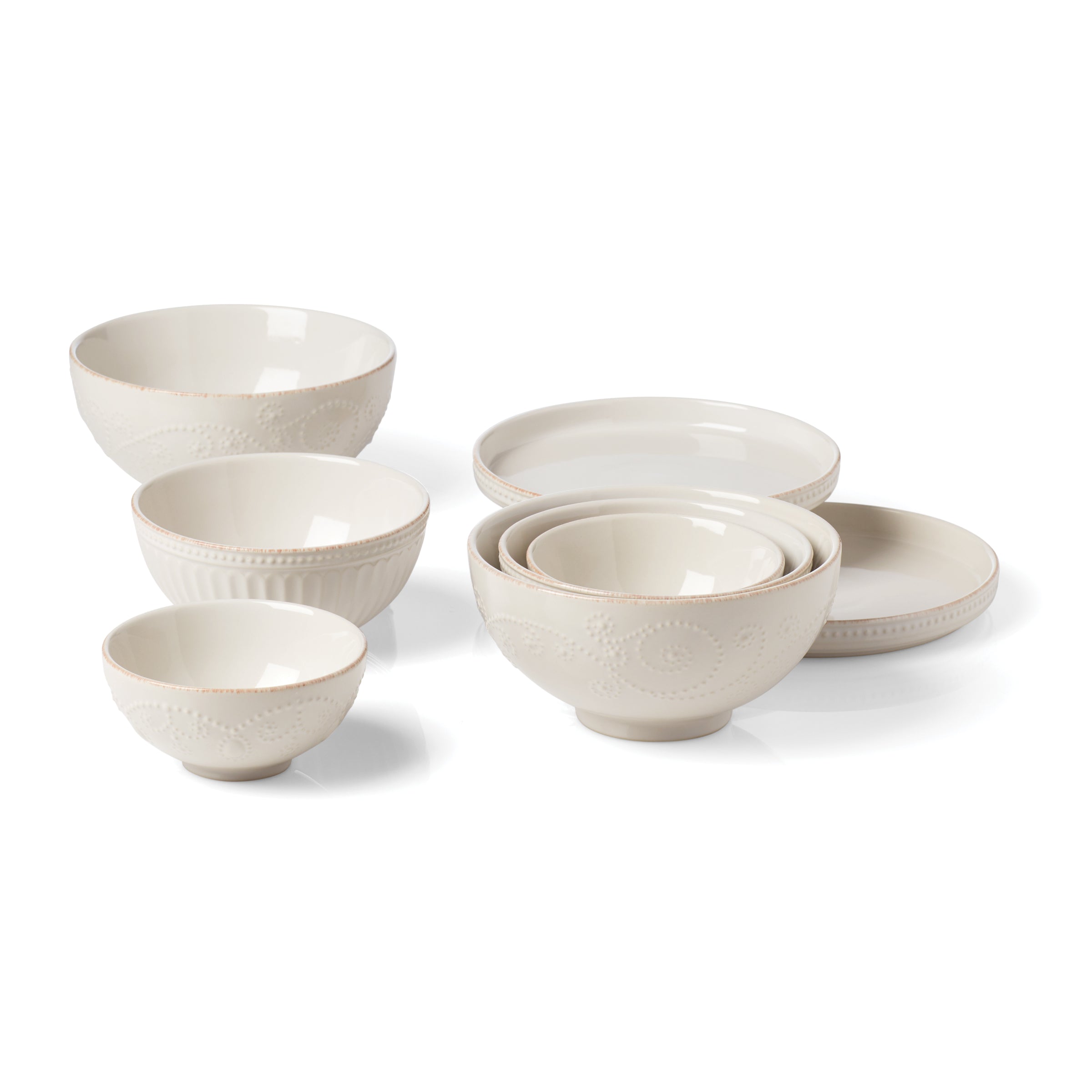French Perle Luna 8-Piece Nesting Dinnerware Set - Elegant Porcelain Plates & Bowls for Everyday Dining, Entertaining & Small Space Living