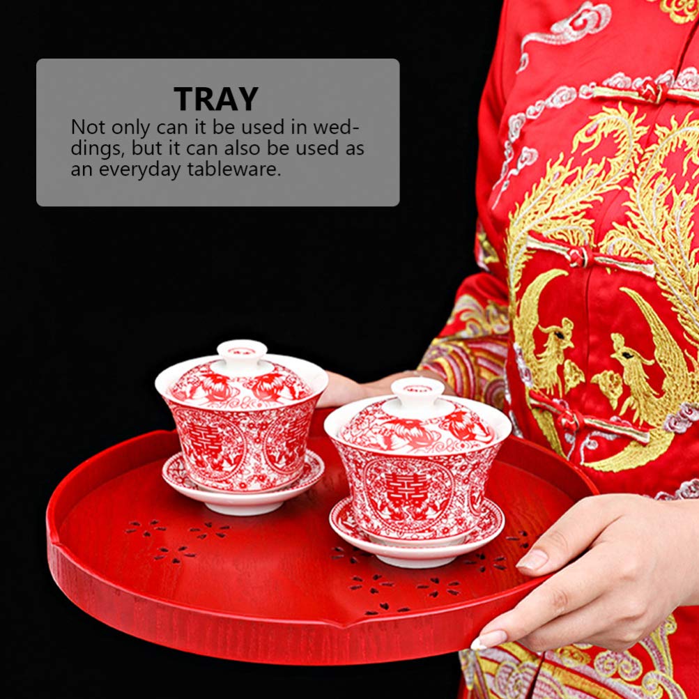 Amosfun Red Wooden Tea Tray Set - Traditional Chinese Wedding Serving Tray for Coffee, Tea & Home Decor - Perfect for Wedding Centerpieces, Bridal Showers & Home Decoration (Red)
