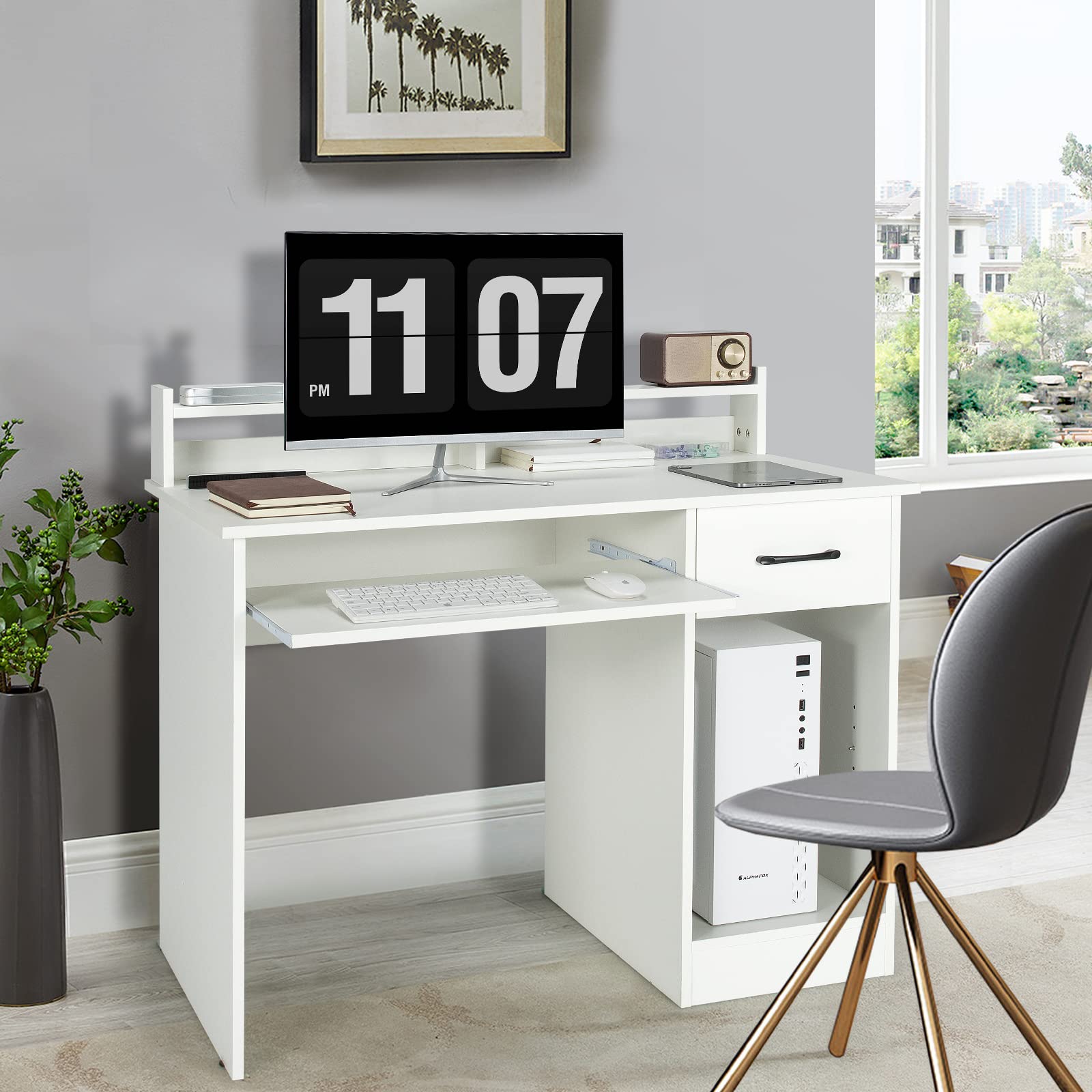 COSTWAY Computer Desk with Hutch - Home Office Desk with Drawer, Adjustable Shelf & Keyboard Tray | Study Writing Desk & Executive Workstation for Living Room, Bedroom & Office (White) | Perfect for Remote Work, Online Classes & Home Office Setup