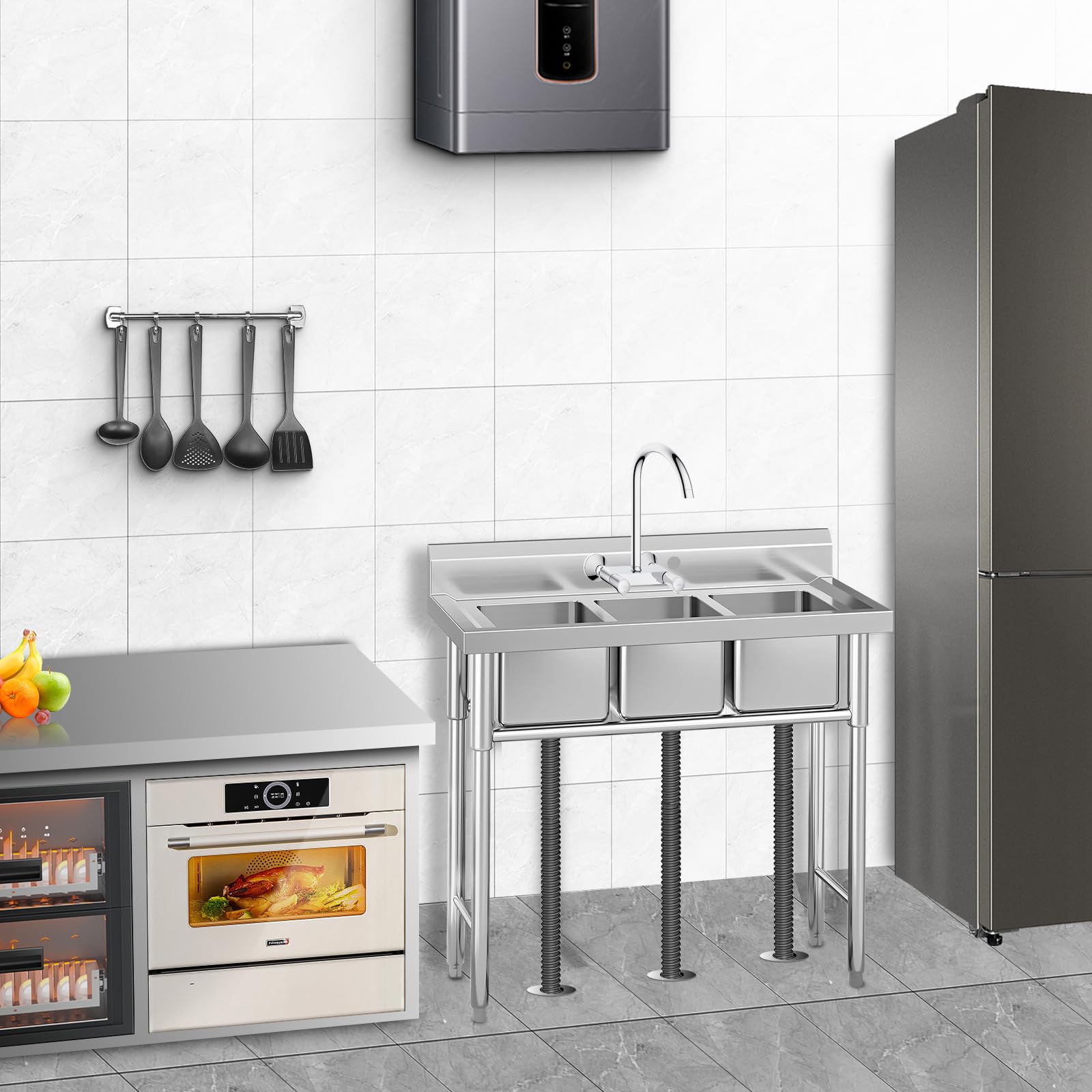 GARVEE 3-Compartment Stainless Steel Commercial Kitchen Sink - Heavy Duty Utility Prep Sink for Restaurants, Laundry, Garage & Workshop (39.3