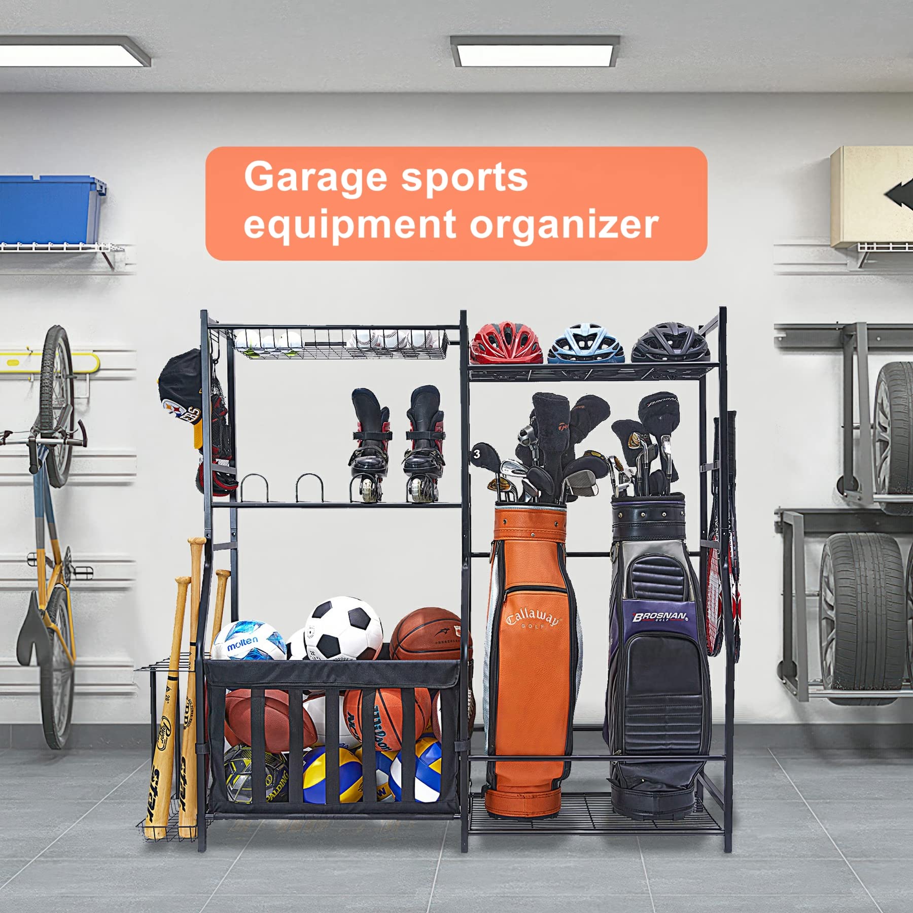 Garage Sports Equipment Organizer & Golf Bag Stand - Heavy Duty Ball Storage Rack for Indoor/Outdoor Use - Kids Toys Storage Bins with Baskets - Perfect for Garage, Basement, Backyard & Playroom Organization
