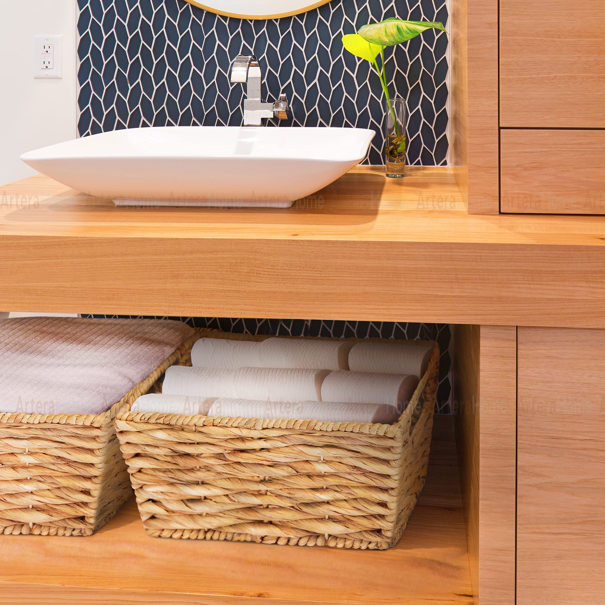 Artera Wicker Storage Baskets - 4-Pack Natural Woven Hyacinth Organizer Bins with Handles, Stackable for Laundry, Bathroom, Pantry & Closet (12x9x6 Inches) | Perfect for Home Organization & Shelf Storage