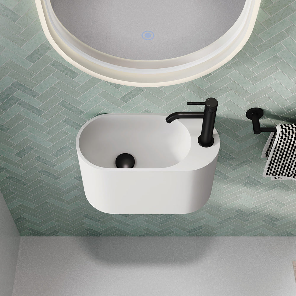 Fienza CSB311 1 Ari Cast Stone Wall Mount Bathroom Sink with Single Faucet Hole - Modern Farmhouse Vanity Basin for Powder Room & Guest Bath