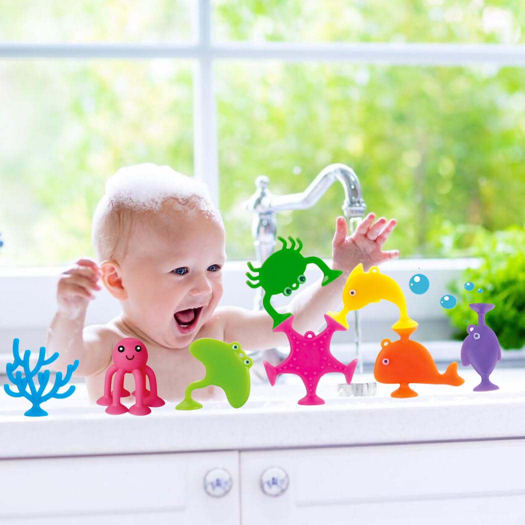 9 PCS Silicone Ocean Animal Suction Cup Bath Toys for Toddlers & Kids 6+ Months - Mold-Free, No-Hole Bathtub Sensory Building Toys - Perfect for Bath Time Fun, Early Learning & Sensory Play