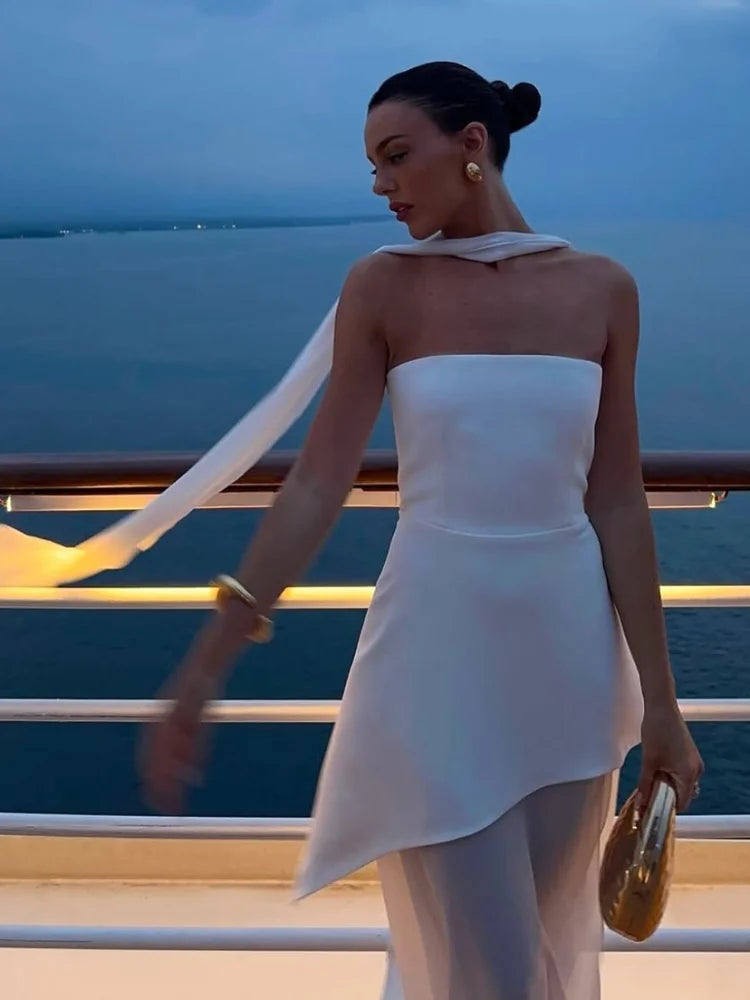 Elegant Off Shoulder Irregular Hem Dress with Scarf - Women's Sleeveless Backless Slim Fit Long Maxi Dress for Summer 2025 | Perfect for Beach Parties, Weddings, and Evening Events
