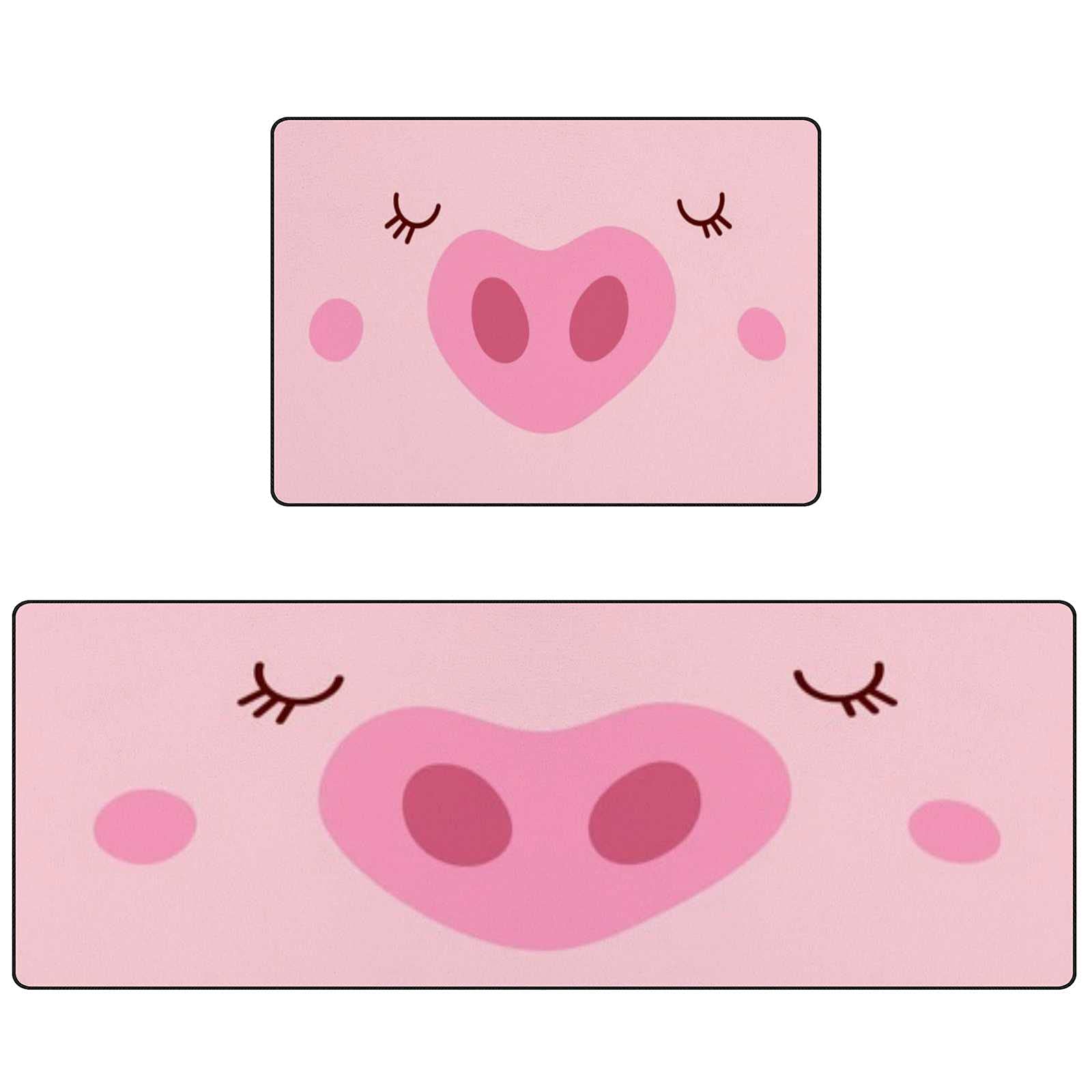 Non-Slip Anti-Fatigue Kitchen Rugs Set of 2 - Cushioned Water Absorbent Comfort Foam Floor Mats (17.7x58 & 17.7x29 Inches) with Adorable Pig Face Design - Perfect for Kitchen, Laundry Room & Entryway