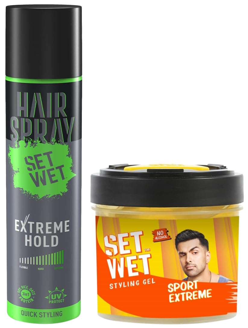 Set Wet Extreme Hold Hair Spray for Men - Strong Style & Freeze Effect, 200ml & Set Wet Ultimate Hold Hair Gel, 250ml - Perfect for Styling, Grooming and All-Day Hold for Parties, Weddings and Daily Use