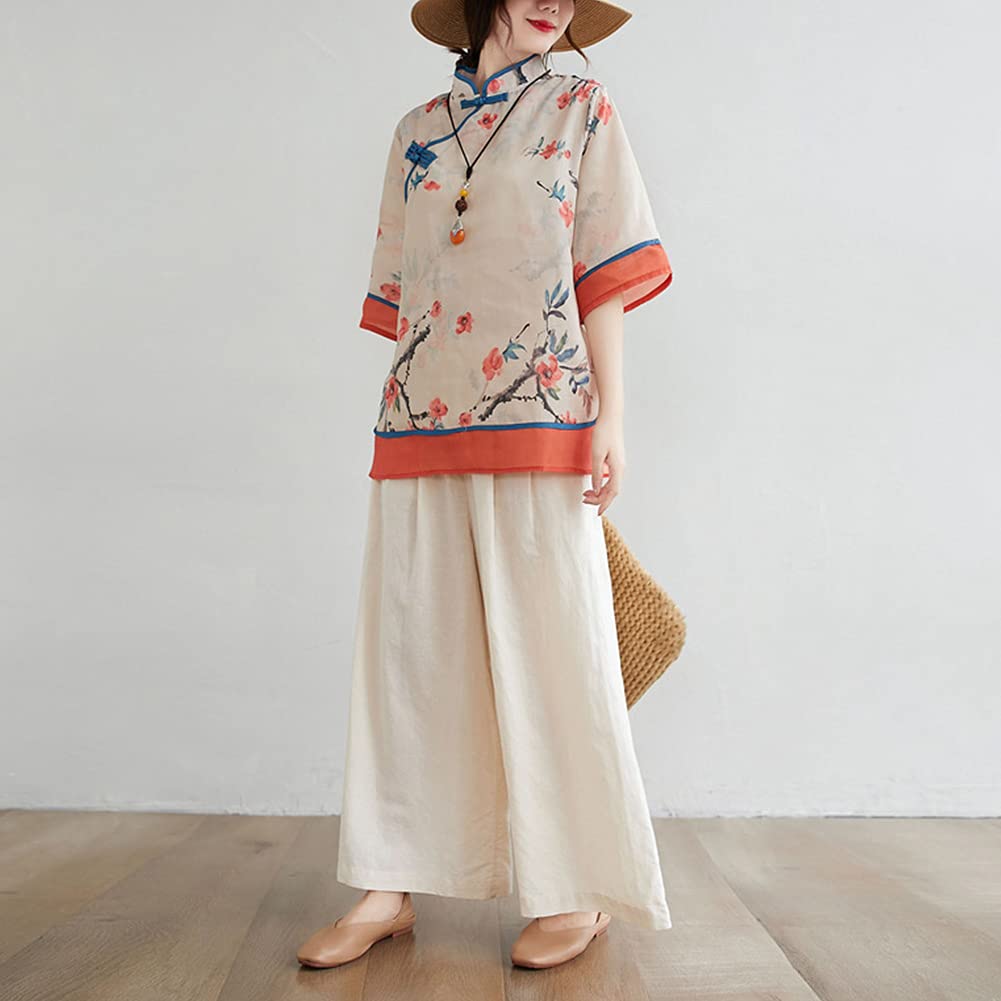 LUZU JUNU Women's Summer Linen Shirt - Elegant Retro Chinese Frog Button Floral Tunic Blouse | Breathable Casual Top for Beach, Vacation & Everyday Wear