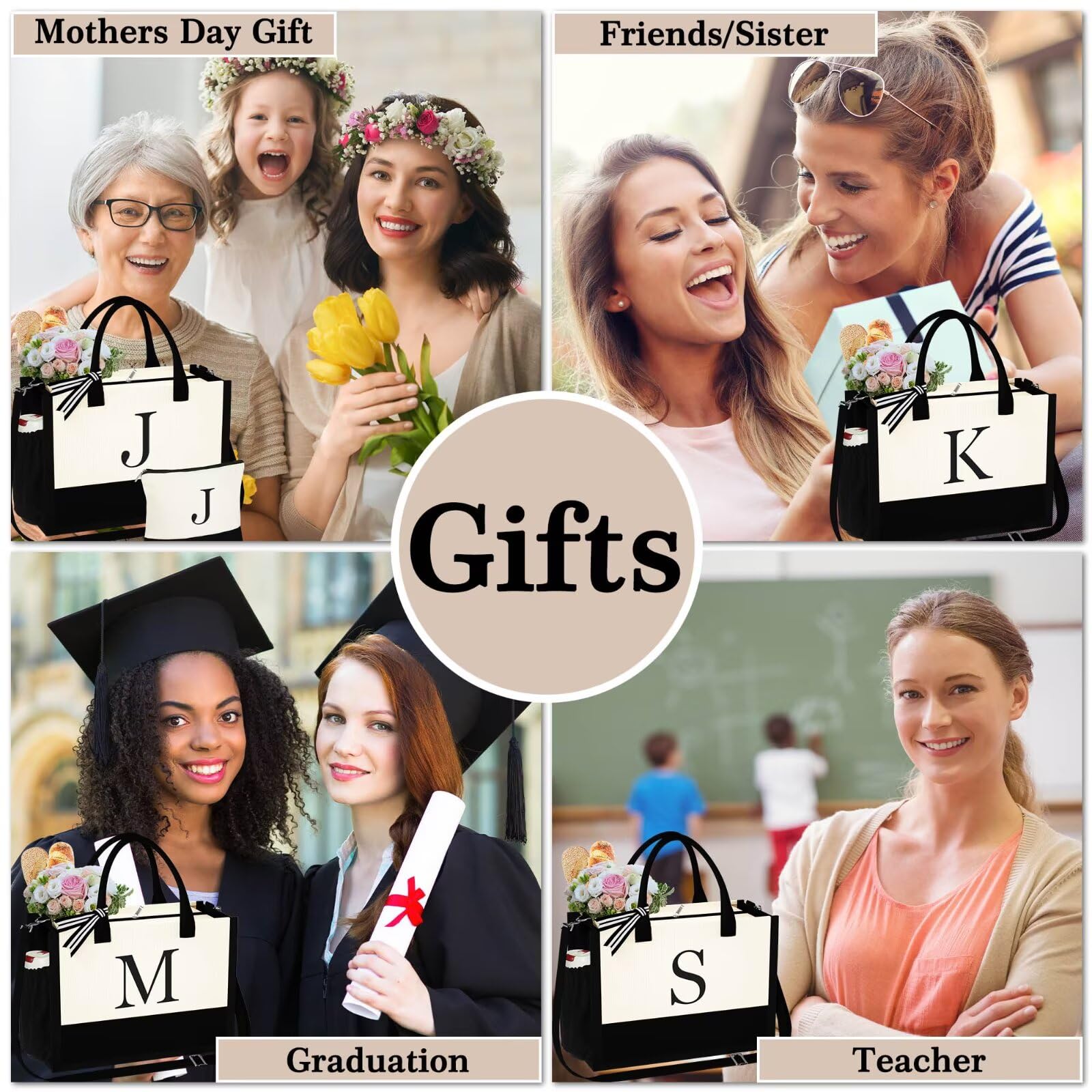 YOOLIFE Personalized Initial Canvas Tote Bag & Makeup Bag Set - Monogrammed Gifts for Women, Wife, Mom, Friend, Teacher - Perfect for Birthday, Mother's Day & Everyday Use - Great for Work, Shopping & Travel Accessories
