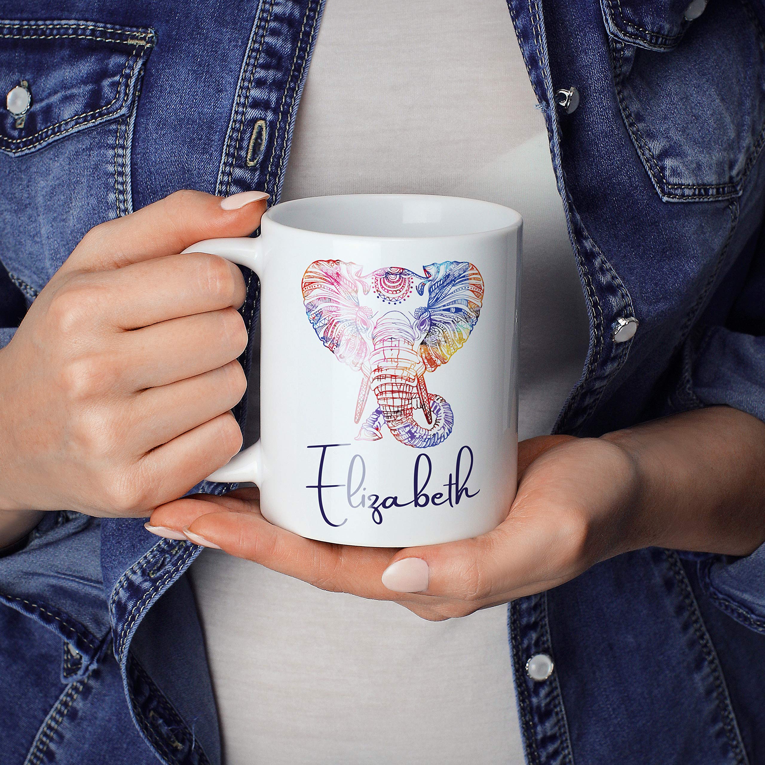 Personalized Elephant Coffee Mug with Name - 11 oz Custom Monogram Ceramic Cup - Unique Birthday & Christmas Gifts for Women & Kids - Perfect for Home, Office & Holiday Gifting