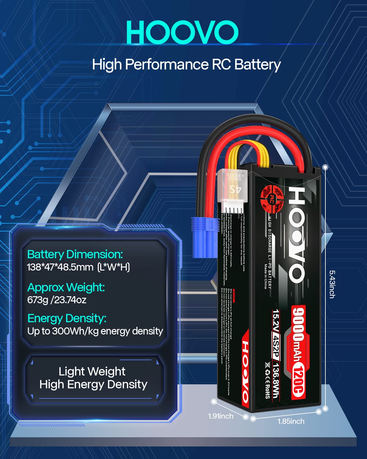 HOOVO 4S Lipo Battery 15.2V 9000mAh 120C High Voltage Hard Case RC Battery with EC5 Plug - 2 Pack for RC Cars, Boats, Trucks, Buggies, Drones & RC Vehicles | Perfect for Racing, Off-Roading and Long-Duration RC Adventures