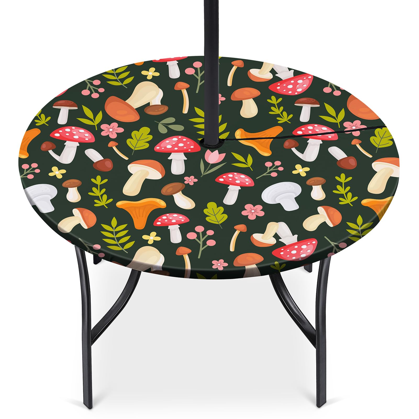 Waterproof Elastic Fitted Round Tablecloth with Umbrella Hole - Outdoor & Indoor Table Cover for Camping, Picnics, Patio, and Garden Parties