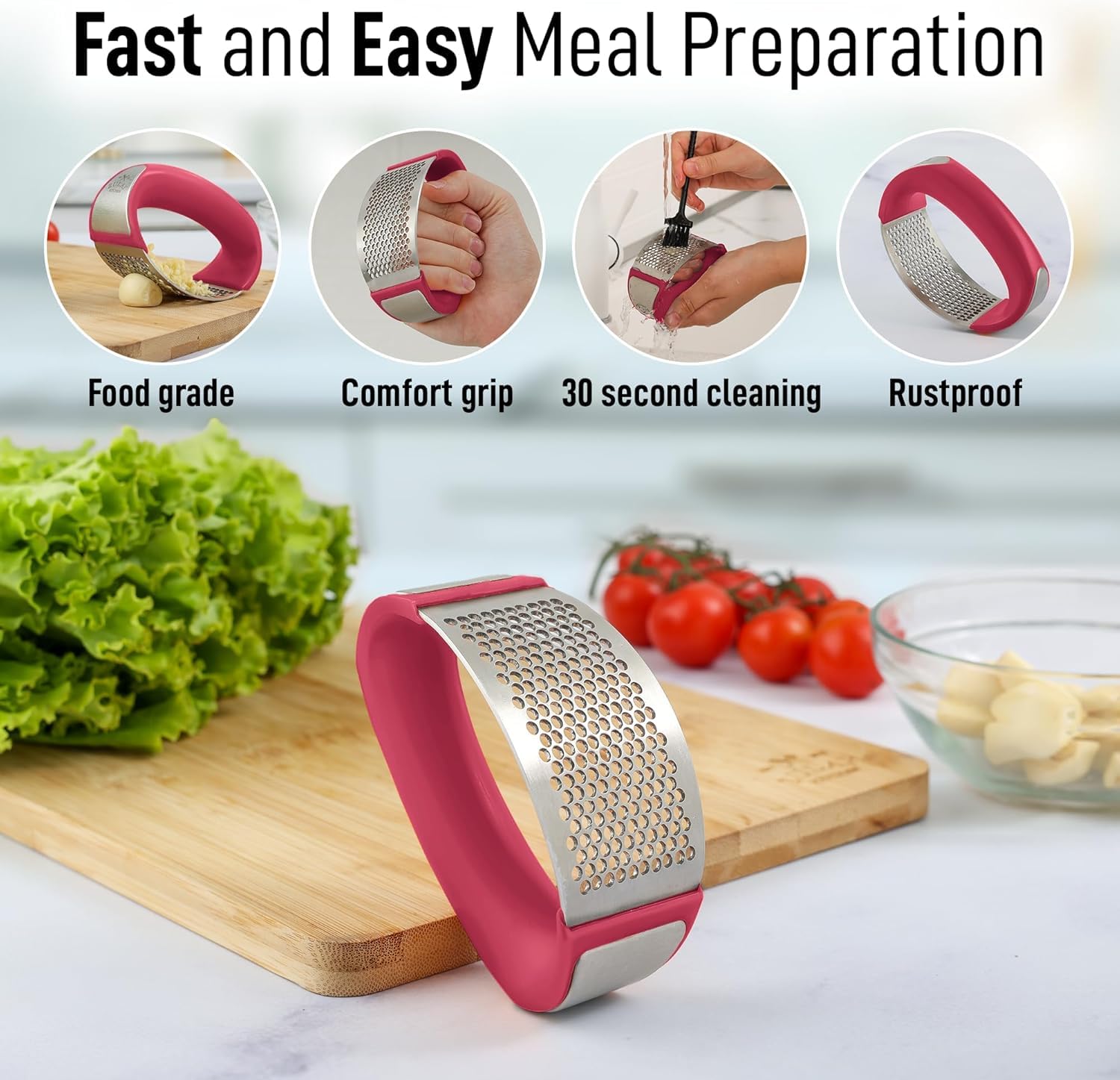 3-Piece Stainless Steel Garlic Press Set with Peeler & Brush - Kitchen Gadget for Cooking & Baking