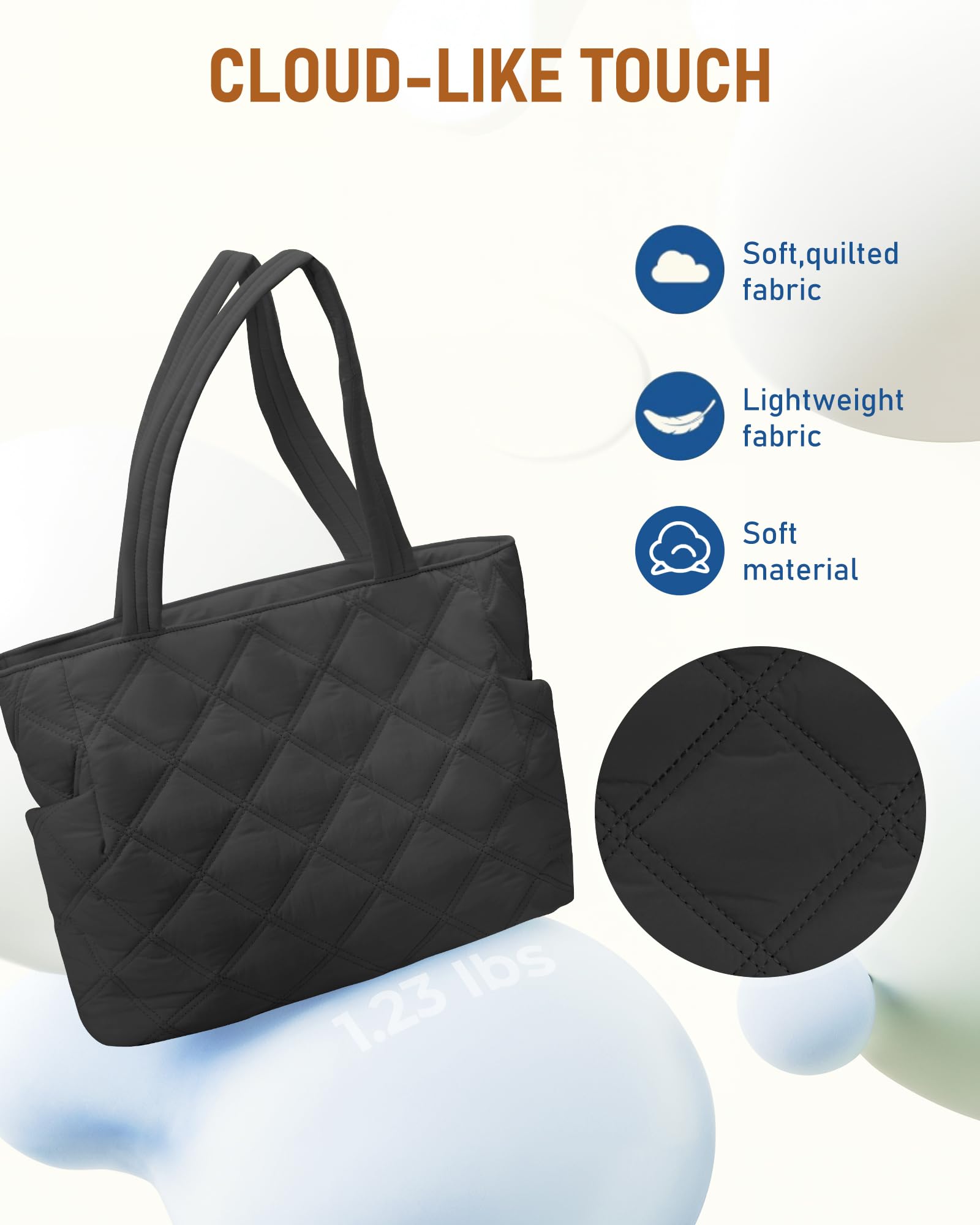 Women's Puffer Laptop Tote Bag with Zipper - Quilted Lightweight Travel Handbag for Work, Gym & Weekend - Perfect for Teachers, Nurses & Professionals (Black)