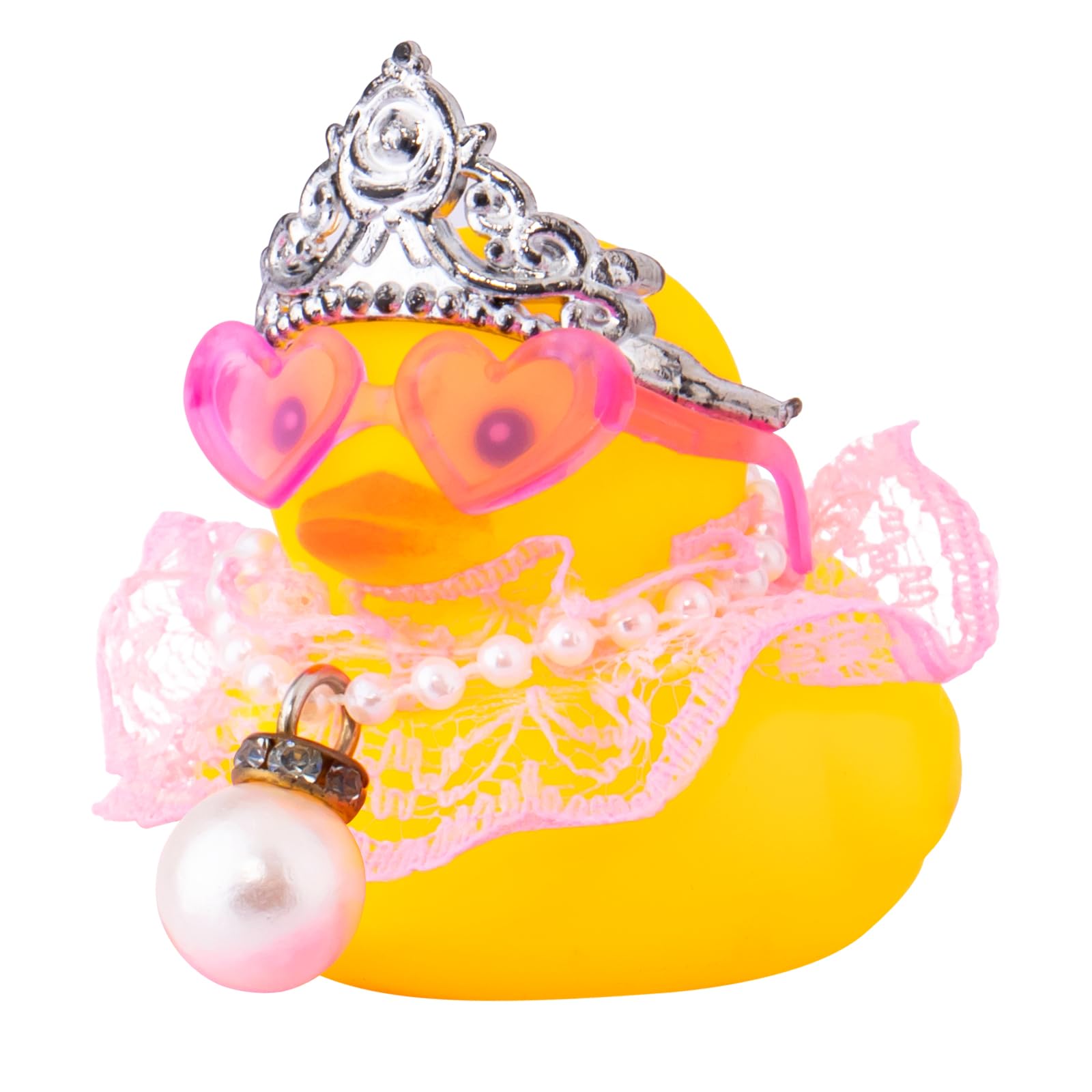 Wonuu Cute Pink Lace Rubber Duck Car Decor with Heart Sunglasses & Pearl Necklace - Fun Dashboard Accessory for Car Interior Decoration & Gift Idea