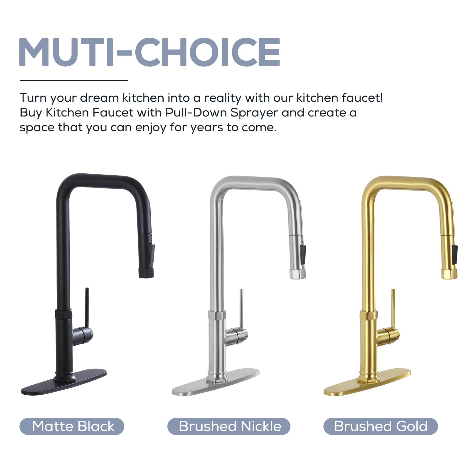 Modern Gold Kitchen Faucet with Pull Down Sprayer - Single Handle Brass Sink Faucet for 1 or 3 Hole Installation - Deck Plate Included - Perfect for Contemporary Kitchens & Bar Sinks