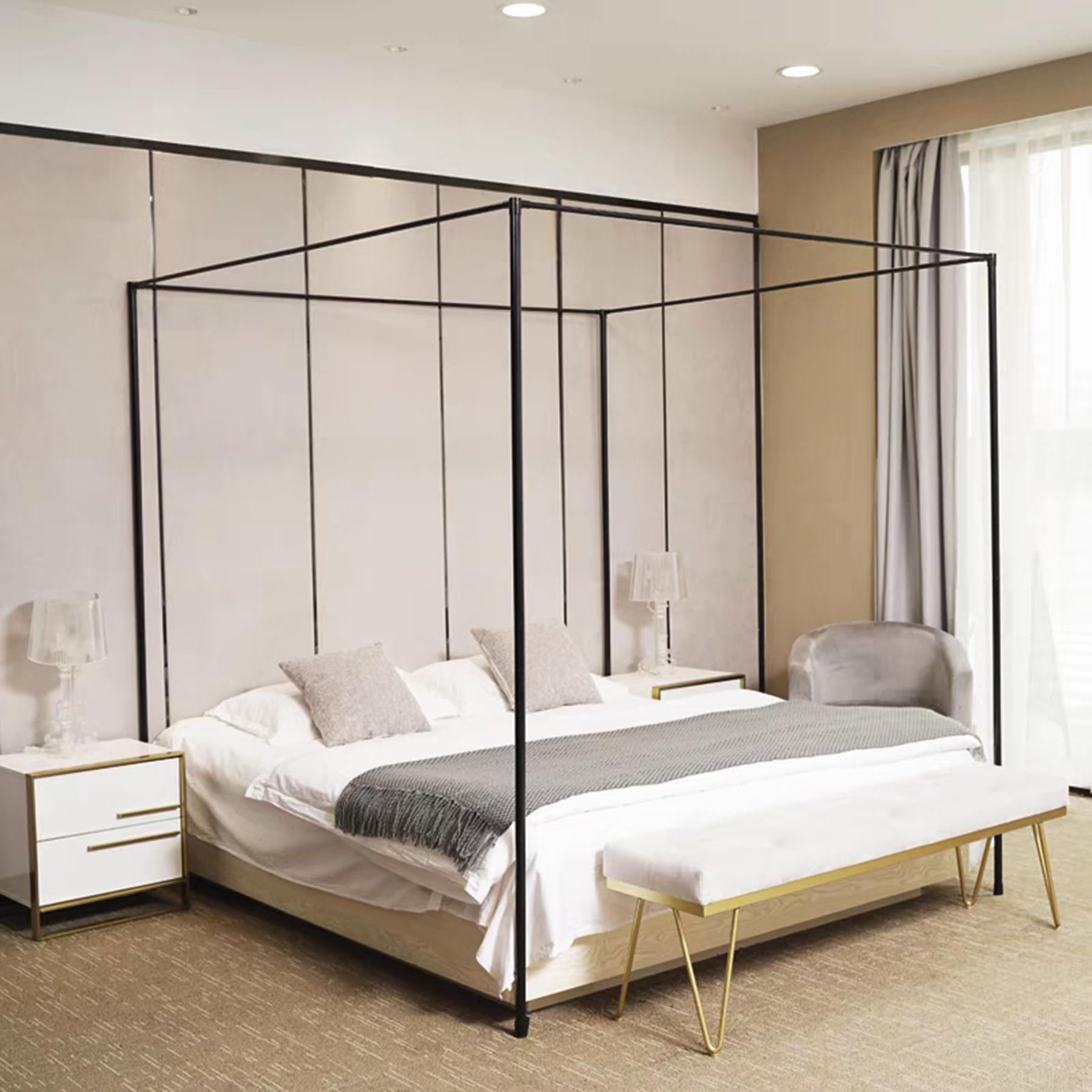 4 Corners Post Canopy Bed Curtain Set with Frame Poles - Full/King Size Bed Canopy for Girls & Adults - Green Bedroom Decor - Perfect for Boho, Princess & Romantic Bedroom Themes