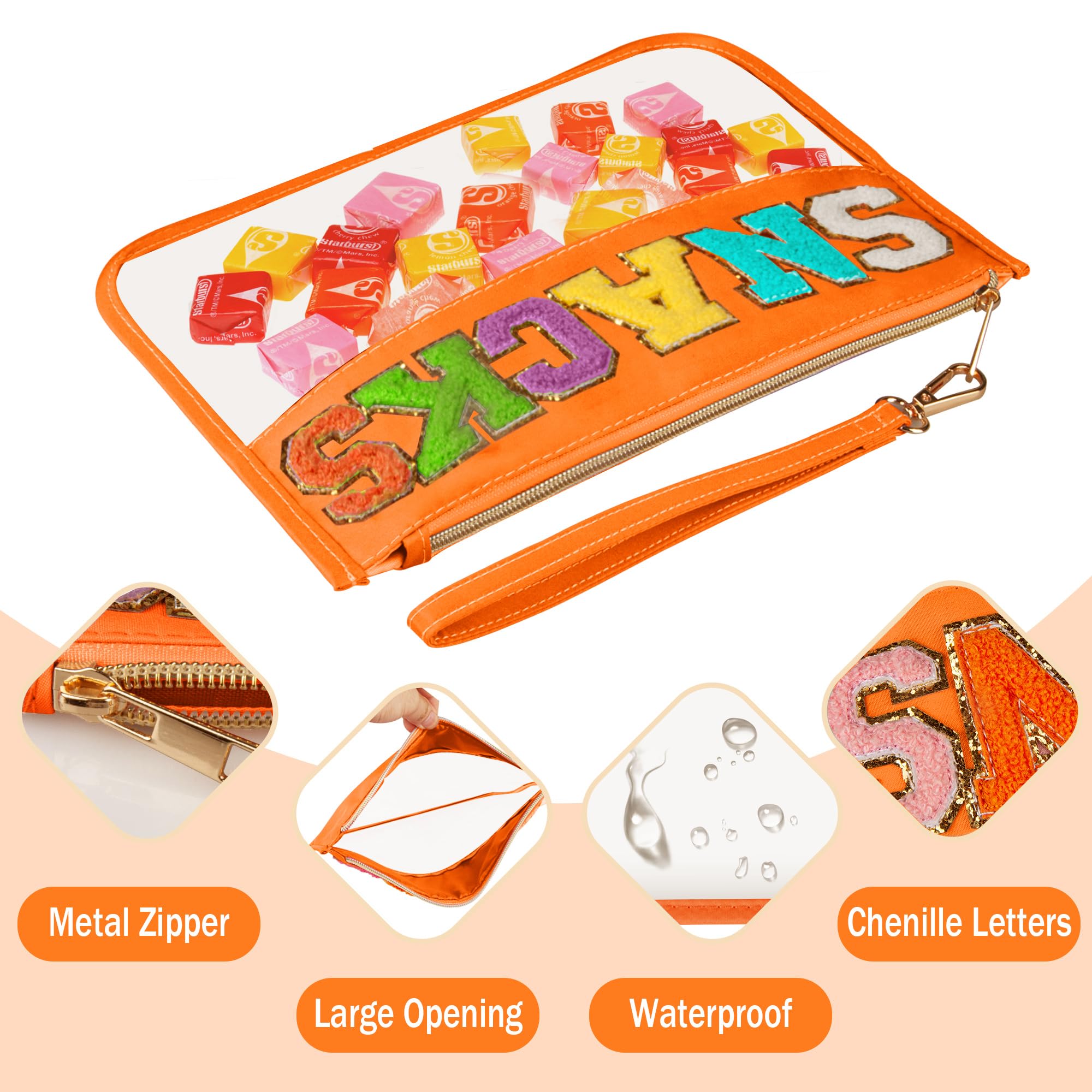 Cute Orange Chenille Letter Clear Bag - Waterproof Transparent PVC Cosmetic & Snacks Pouch with Zipper | Portable Travel Makeup Organizer for Women | Perfect for Gym, Beach, School & Airplane Travel
