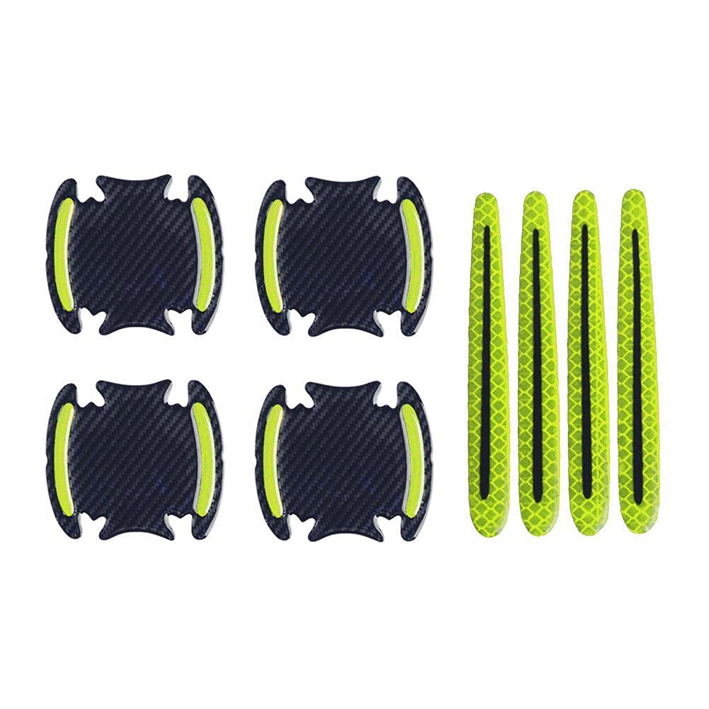 8Pcs Car Door Handle Scratch Protection Cover - Auto Door Handle Guard Film & Paint Scratch Sticker - Reflective Safety Strips (Fluorescent Yellow, Door Bowl + Handle) - Prevent Scratches & Enhance Visibility for Night Driving
