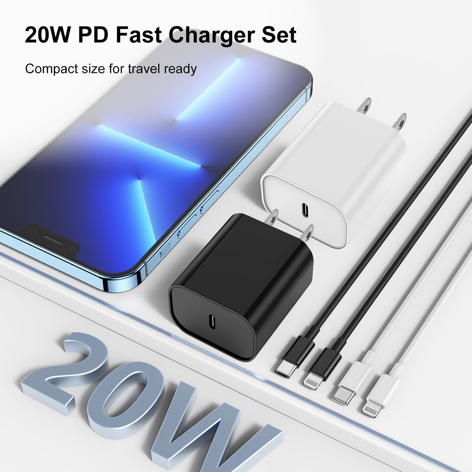 Fast Charging USB C to Lightning Cable [6FT+10FT] - 20W USB C Charger Block for iPhone 14/13/12 Pro Max - White & Black - Perfect for Home, Office, Travel & Car Charging