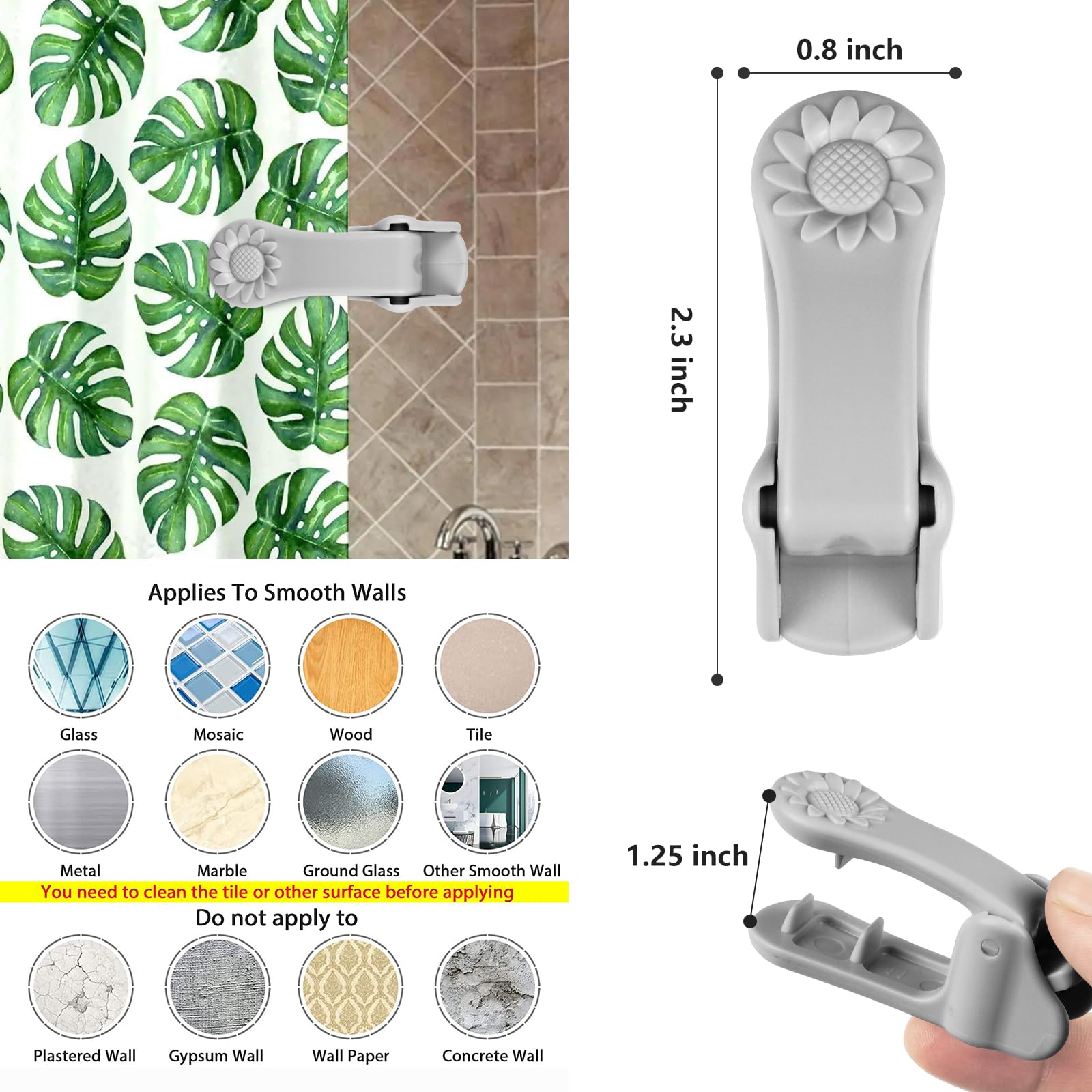 8 Pack Windproof Shower Curtain Clips with Nano Double Sided Tape - Heavy Duty Shower Splash Guard for Bathroom, Gray - Prevent Water Leaks for Tubs, Showers & Bathroom Walls