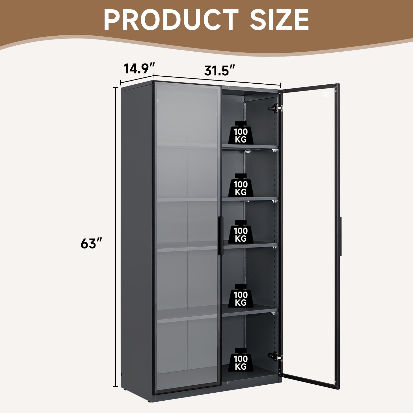 Modern Metal Glass Display Cabinet with LED Lights - Curio Storage for Home Office, Living Room & Pantry - Dark Grey | Perfect for Showcasing Collectibles, China & Decor