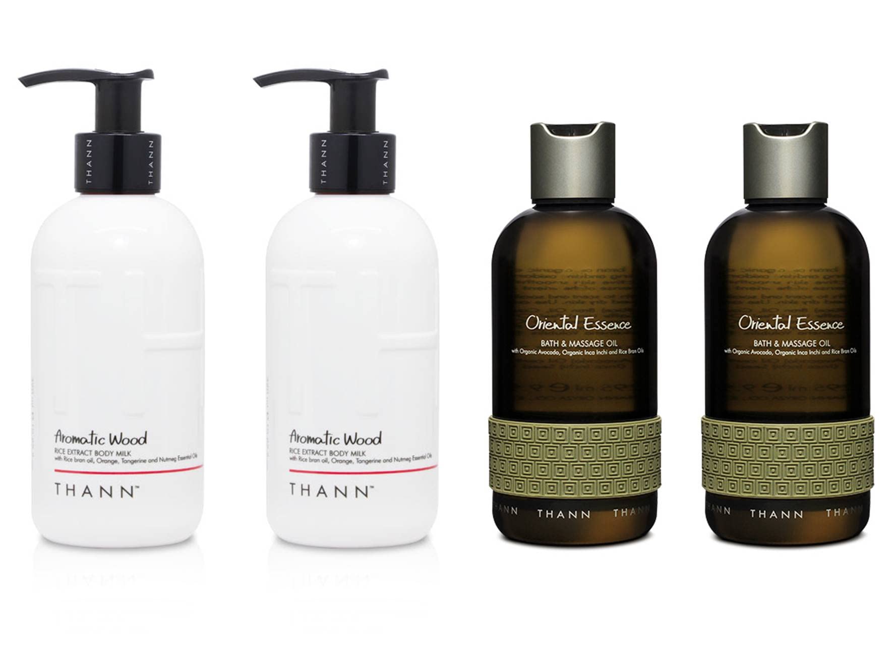 THANN Aromatic Wood Rice Extract Body Milk & Oriental Essence Massage Oil Set - Hydrating Skincare Duo for Relaxing Spa & Aromatherapy at Home