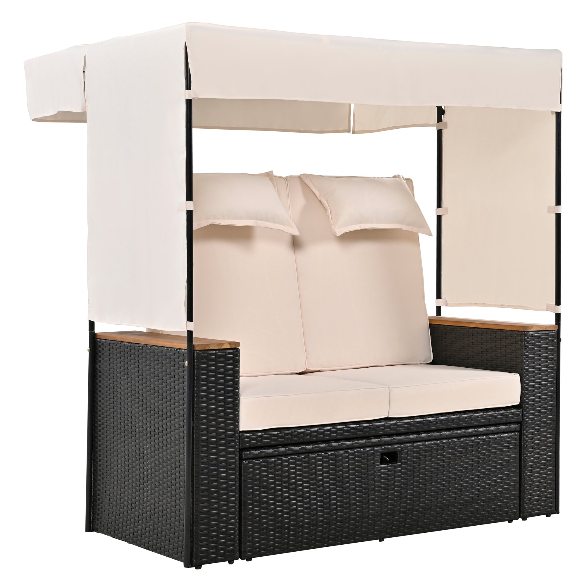 2 Piece Outdoor Rattan Daybed with Bench Lounge Roof Set & Cushions - Waterproof Wicker Patio Furniture for Poolside, Backyard, Garden - Perfect for Sunbathing, Relaxing & Outdoor Entertaining