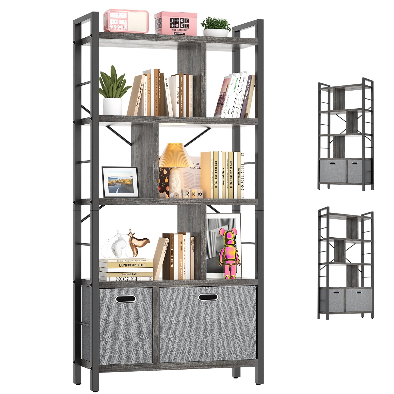 Armocity 5-Tier Tall Bookshelf with Drawers - Wood & Metal Bookcase for Living Room, Bedroom & Office Storage