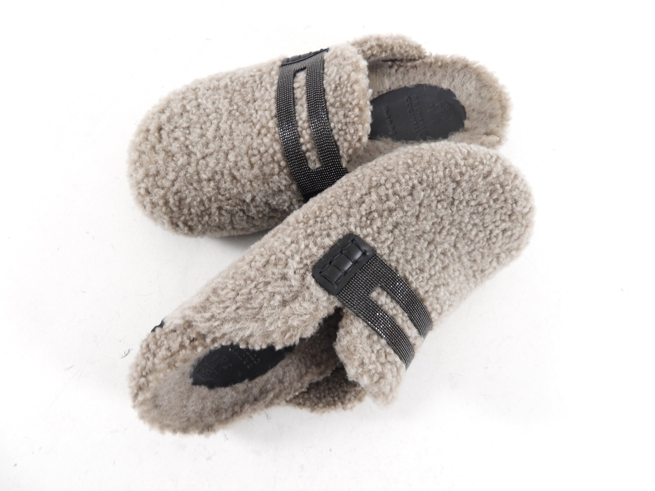 Brunello Cucinelli Grey Shearling Monili Slippers - Women's Luxury Shearling House Shoes Size 36.5 | Cozy Indoor & Outdoor Comfort for Home, Travel & Spa Relaxation