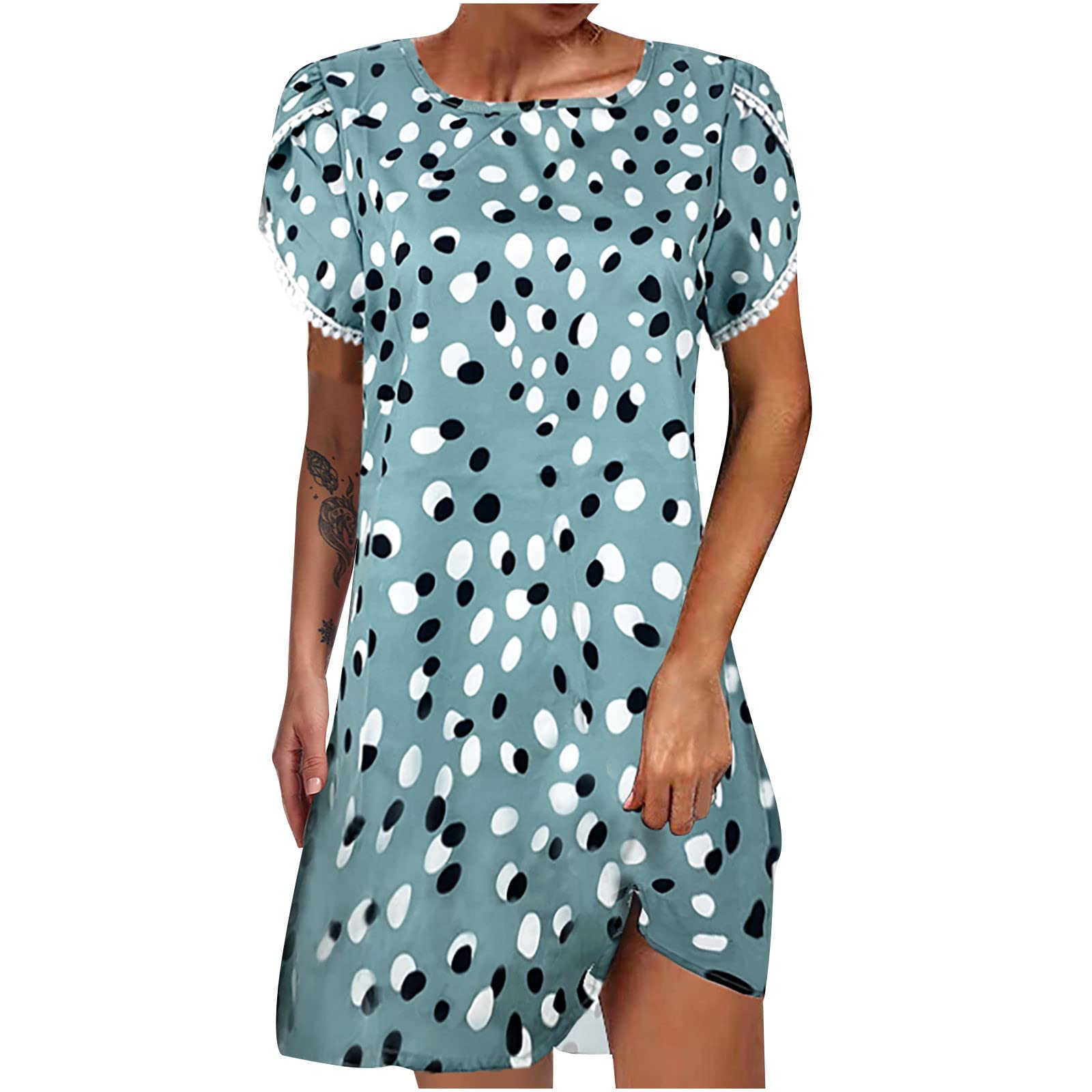 Women's Floral Printed Lace Round Neck Short Sleeve Mini Dress - Elegant Casual & Dressy Tops for Spring/Summer, Date Night, Office Wear & Special Occasions