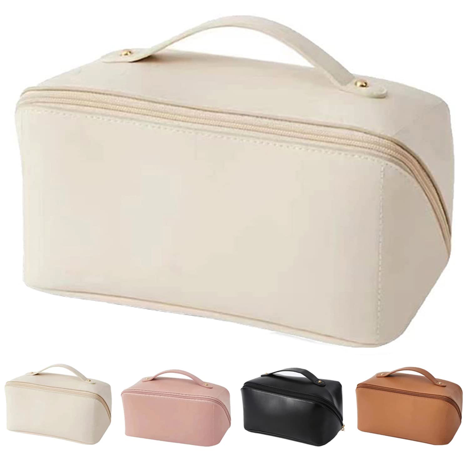 2024 Large Capacity Waterproof Leather Travel Cosmetic Bag - Portable Makeup Organizer for Skincare, Cosmetics & Toiletries | Perfect for Vacation, Gym & Business Trips (Brown)