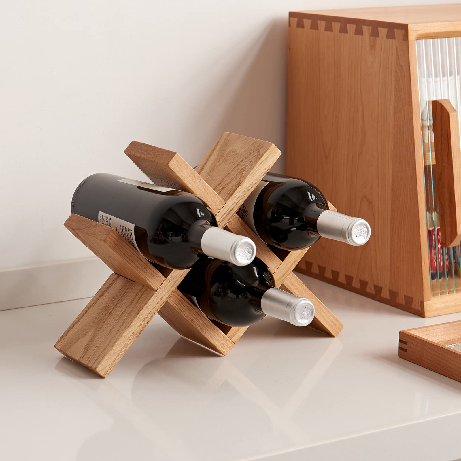 Solid Oak Wood Countertop Wine Rack Holder - 4 Bottle Organizer for Wine, Beer & Drinks - Perfect for Home Bar, Kitchen, Cellar & Basement Storage - Durable & Stylish Wine Display for Entertaining & Dining