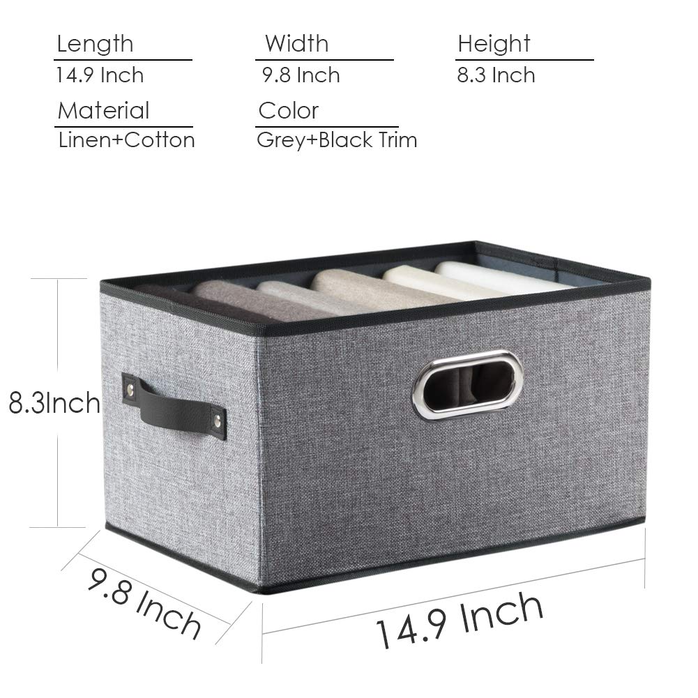 PRANDOM Large Foldable Storage Bins for Shelves [3-Pack] - Decorative Linen Fabric Storage Baskets with Leather/Metal Handles (14.9x9.8x8.3 Inch) - Perfect for Closet, Nursery, Office Organization - Grey and Black Trim - Space-Saving Home Storage Solution