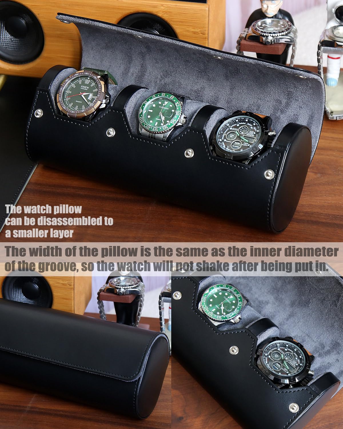 Men's Travel Watch Box Organizer - 3 Watch Storage with Velvet for Home & Travel (Black)