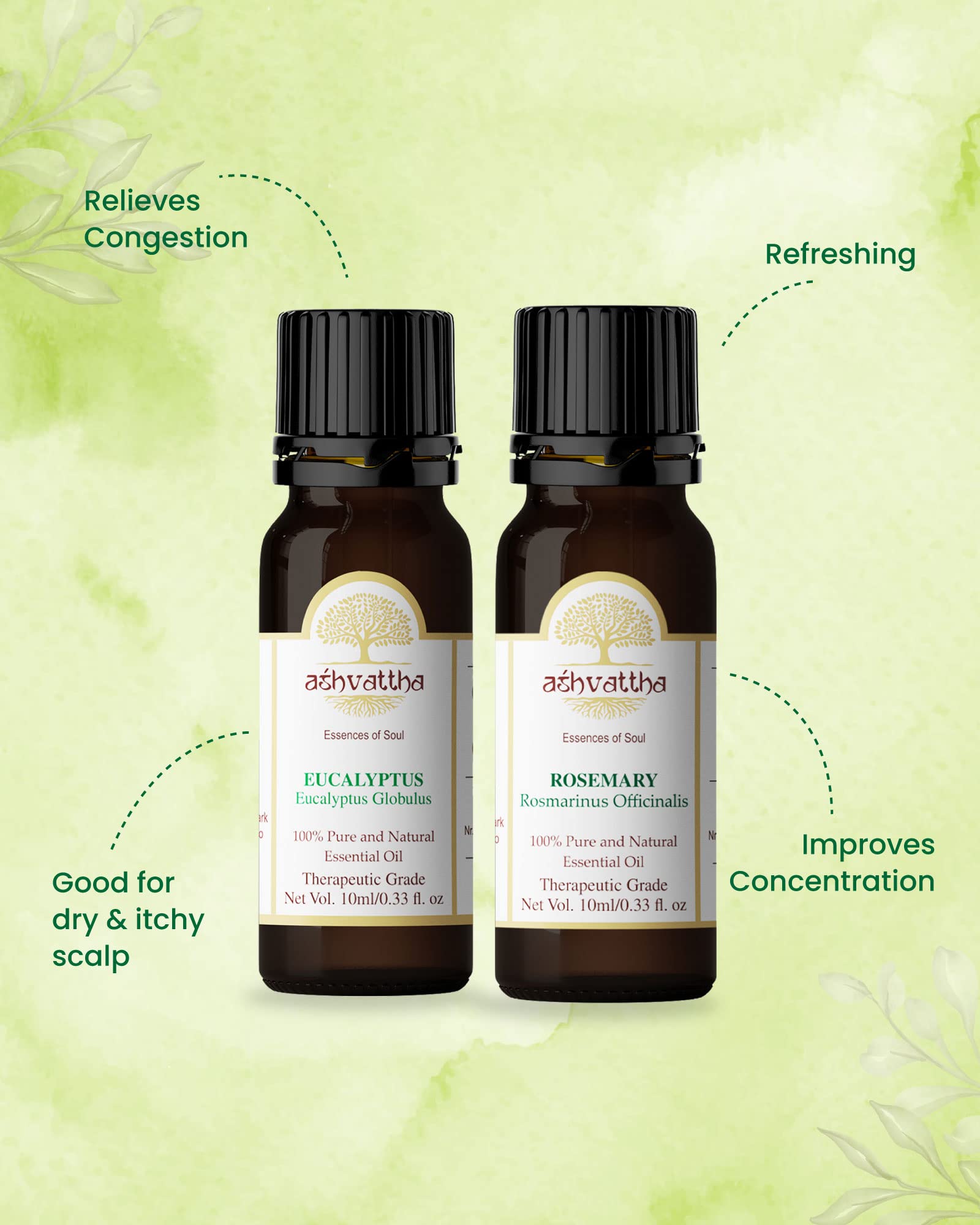 Pure & Undiluted Ashvattha Eucalyptus & Rosemary Essential Oil - 2x10ml Set for Aromatherapy, Massage, Diffuser & Stress Relief